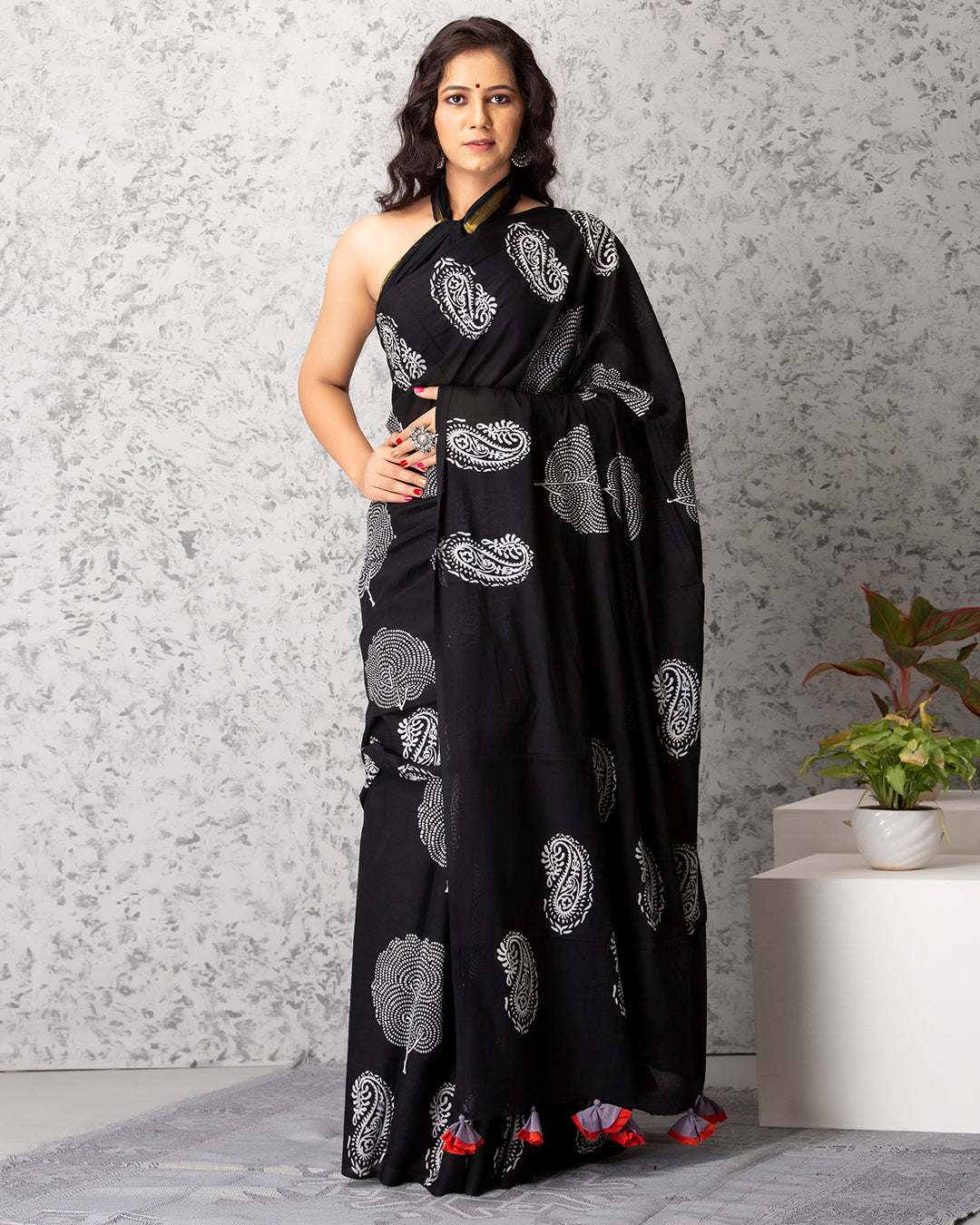 Handblock Print Mulmul Saree | Black Paisley for Office, Lunches & Small Events