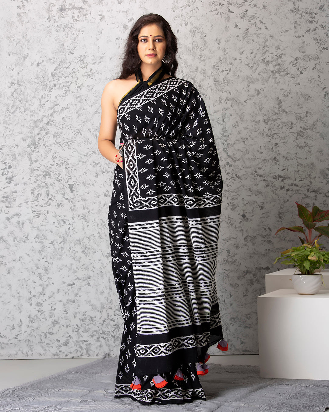 Handblock Print Mulmul Saree | Black Floral Geometric for Work & Festive Gatherings