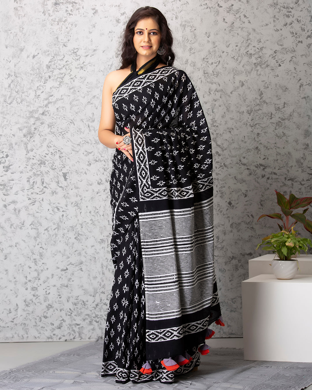 Handblock Print Mulmul Saree | Black Floral Geometric for Work & Festive Gatherings