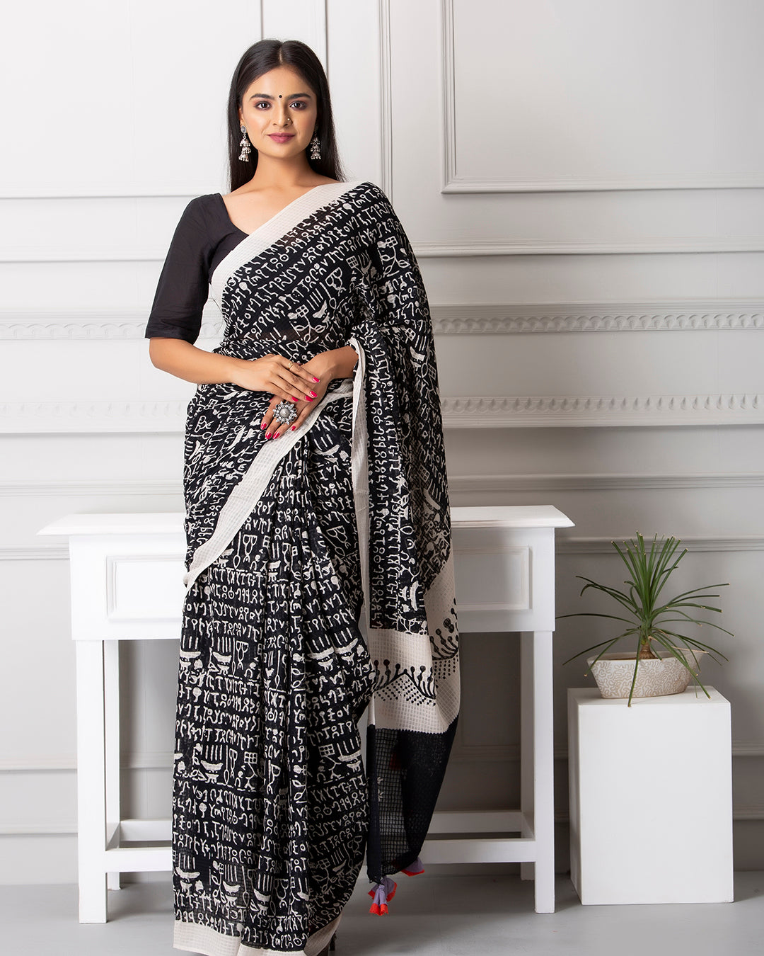 Handblock Print Mulmul Saree | Black Moonga Abstract for Office, Events & Daily Wear
