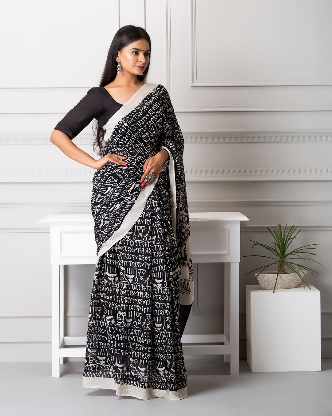 Handblock Print Mulmul Saree | Black Moonga Abstract for Office, Events & Daily Wear