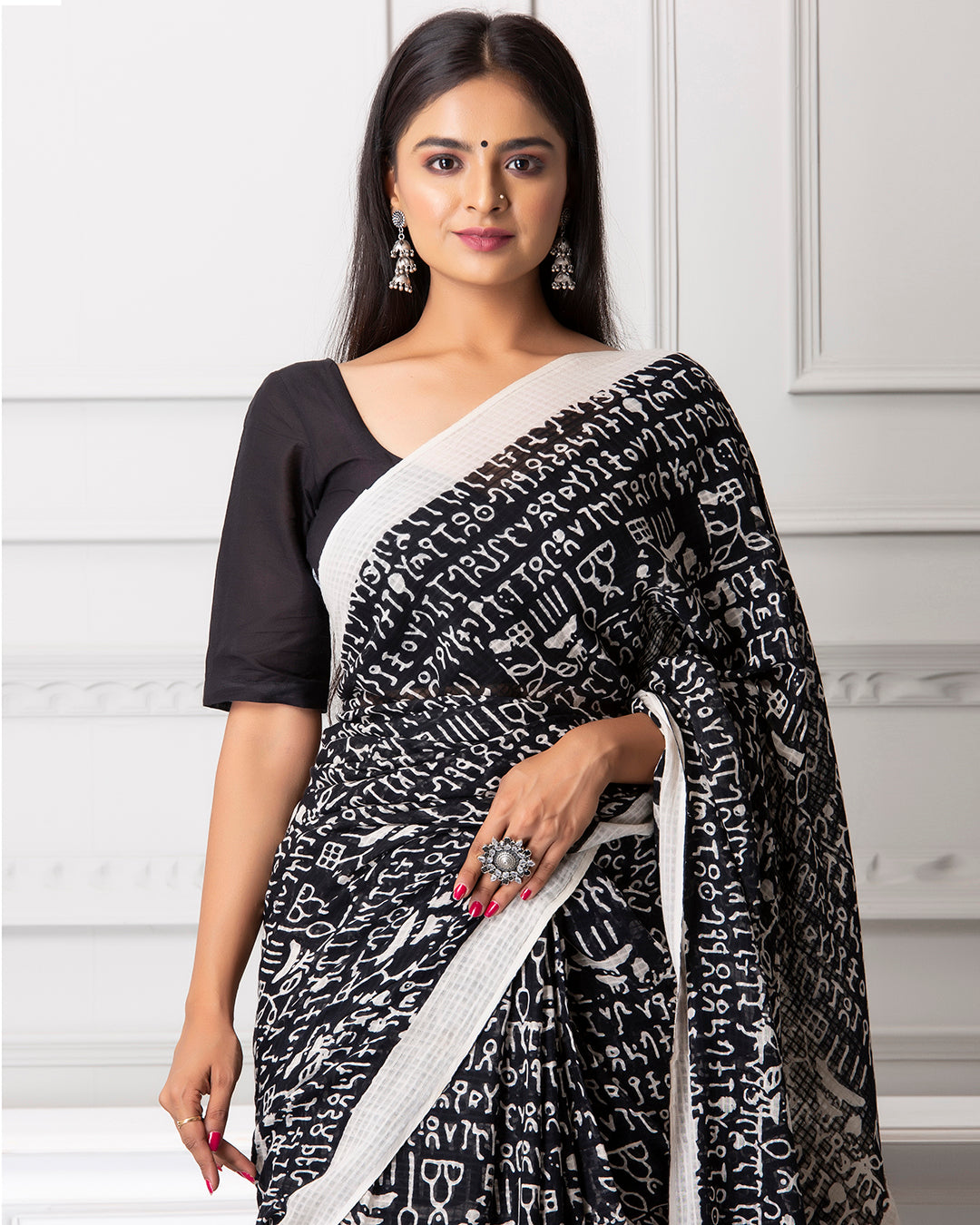 Handblock Print Mulmul Saree | Black Moonga Abstract for Office, Events & Daily Wear