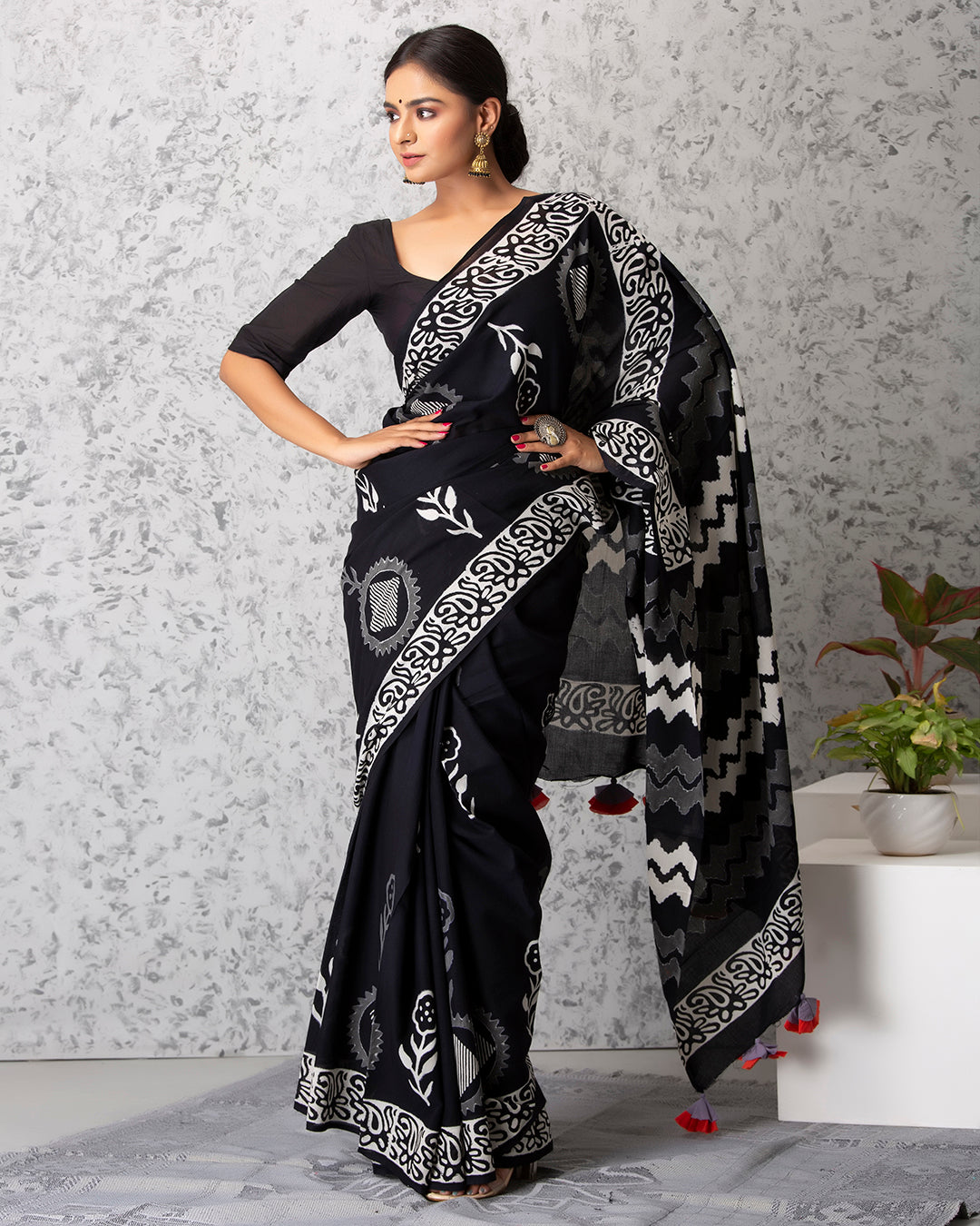 Handblock Print Mulmul Saree | Black Folk Motifs for Festivals, Functions & Daily Wear