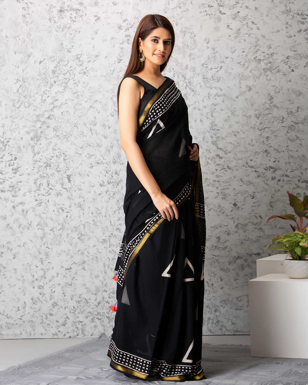 Handblock Print Mulmul Saree | Black Triangle Zari Border for Functions & Outings