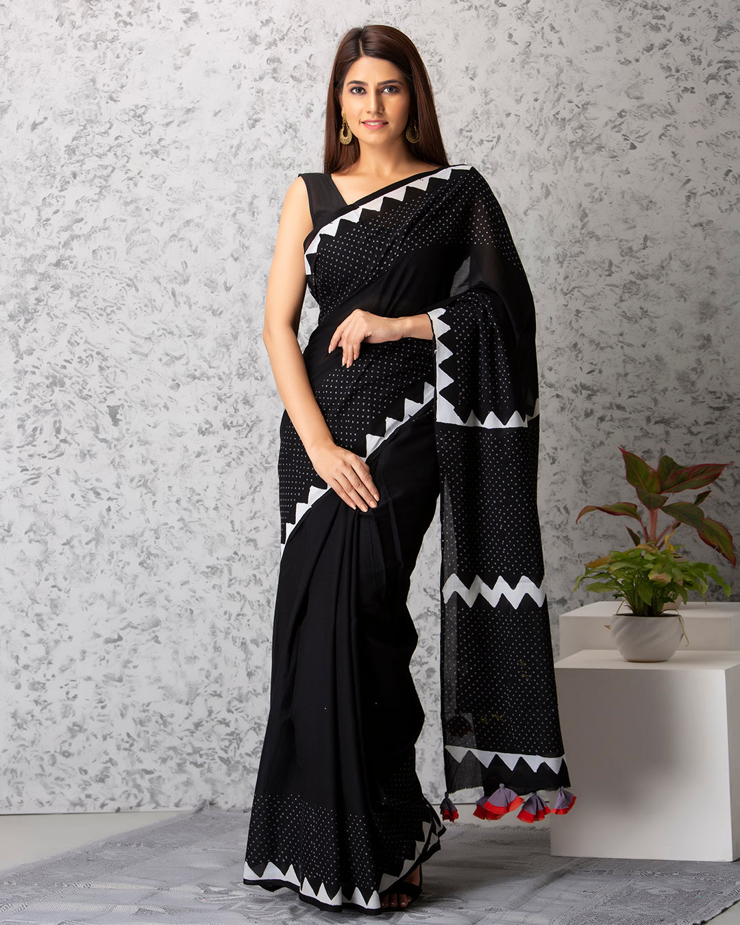 Handblock Print Mulmul Saree | Black Polka Dots Golden Border for Festive & Formal