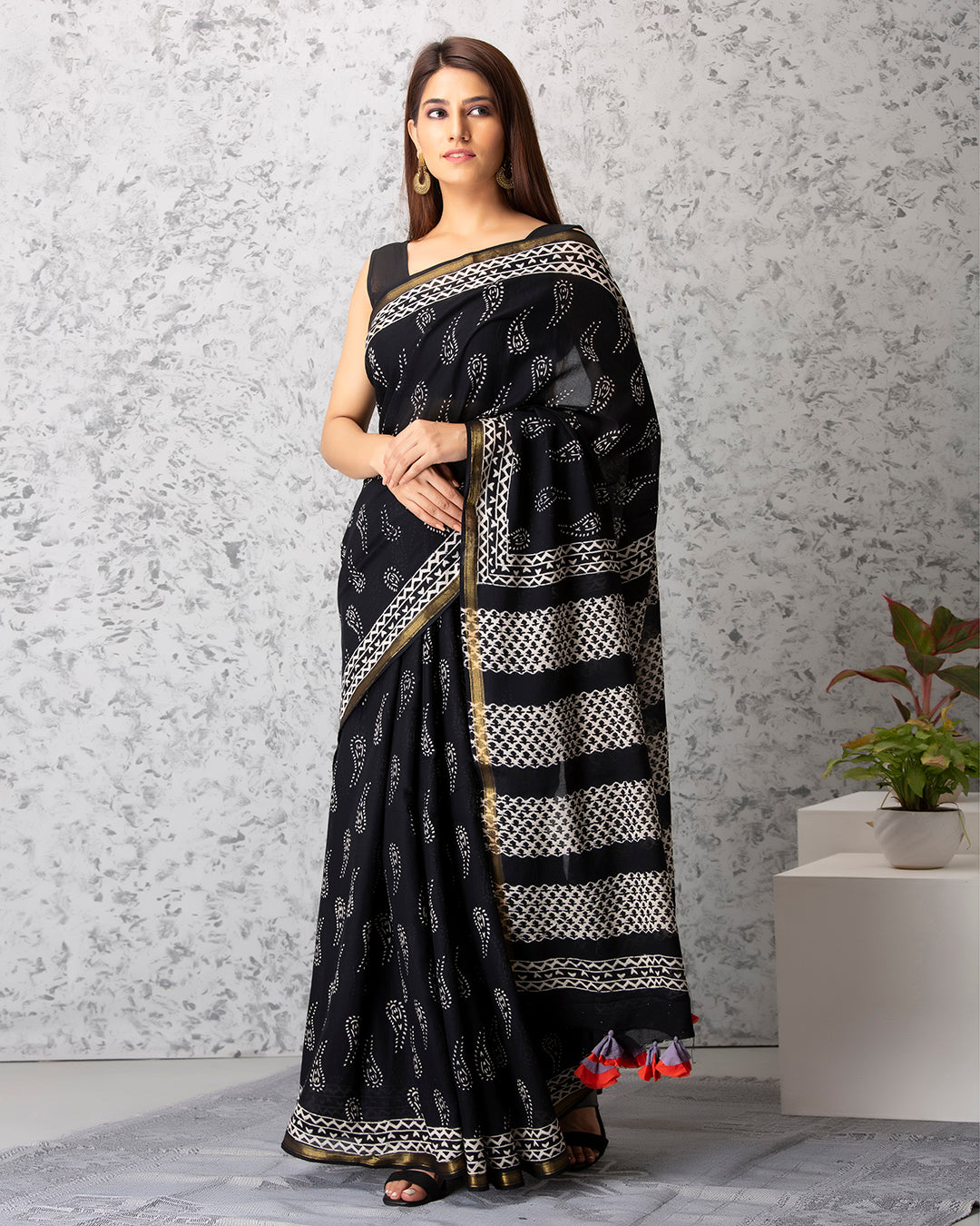 Handblock Print Mulmul Saree | Black Paisley Golden Border for Festive & Casual Wear