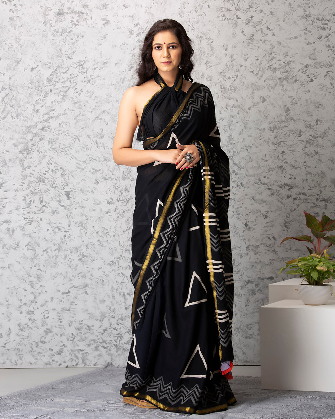 Handblock Print Mulmul Saree | Black Geometric Golden Border for Office & Gatherings