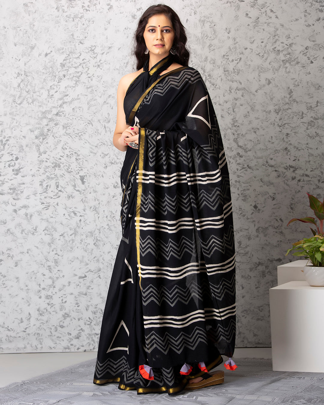 Handblock Print Mulmul Saree | Black Geometric Golden Border for Office & Gatherings