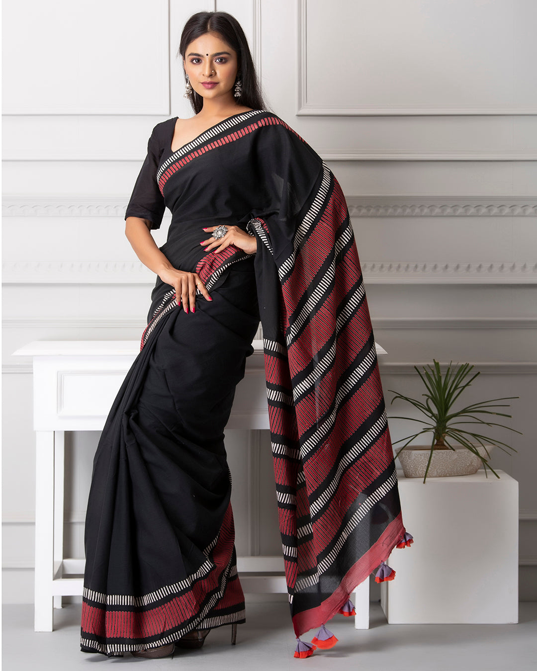Handblock Print Mulmul Saree | Black Red Linear for Work, Festive & Casual Wear