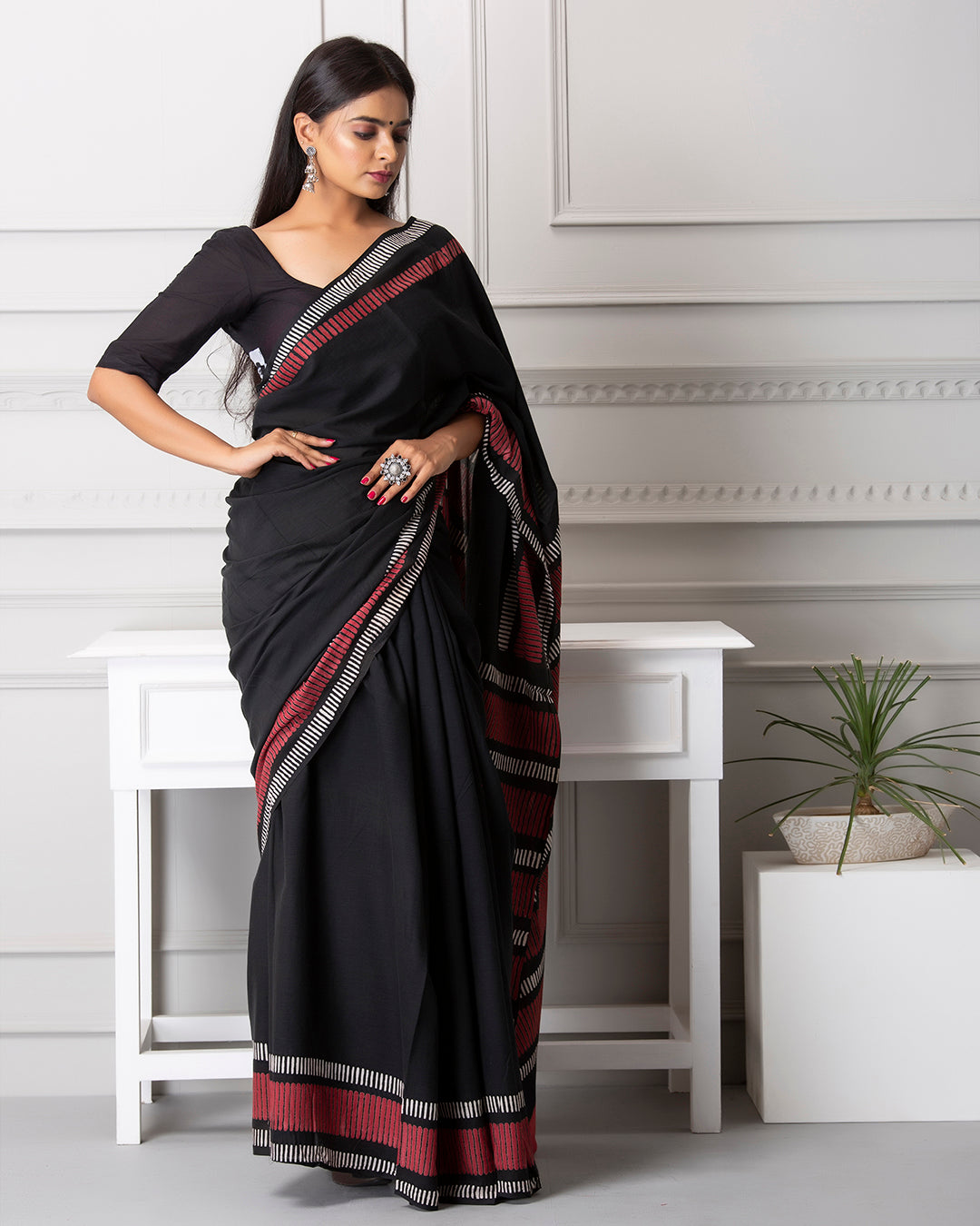 Handblock Print Mulmul Saree | Black Red Linear for Work, Festive & Casual Wear