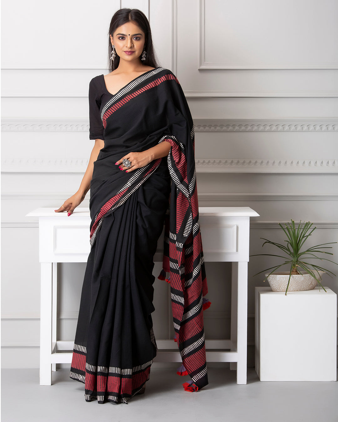 Handblock Print Mulmul Saree | Black Red Linear for Work, Festive & Casual Wear