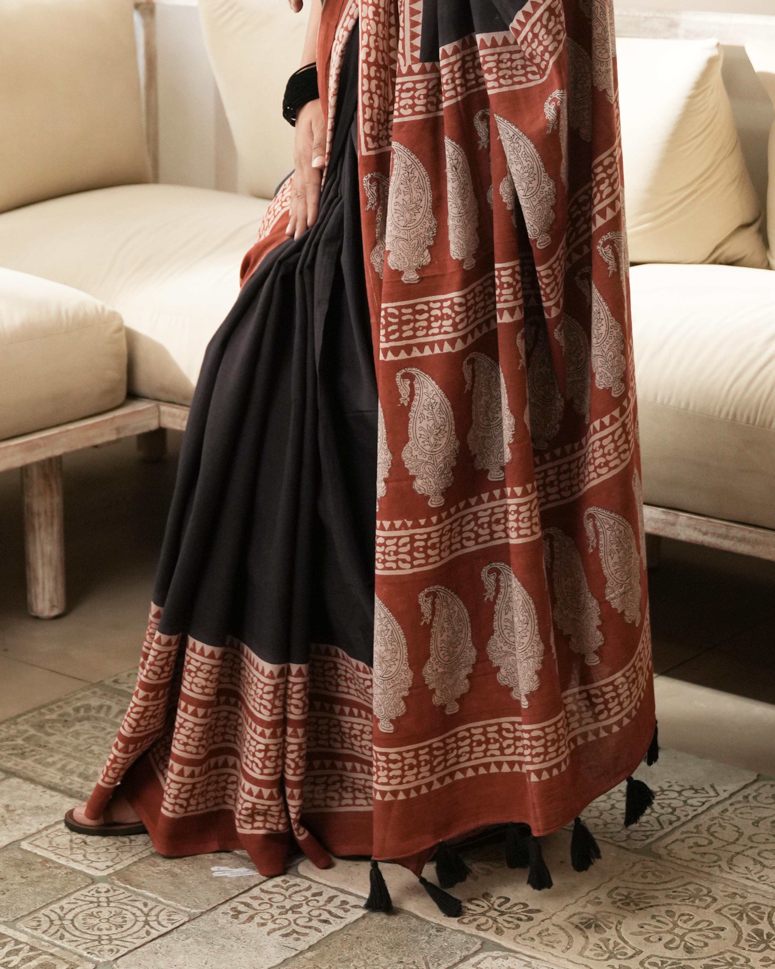 Bagru Print Mul Cotton Saree | Black Border for Everyday Elegance & Heritage Events