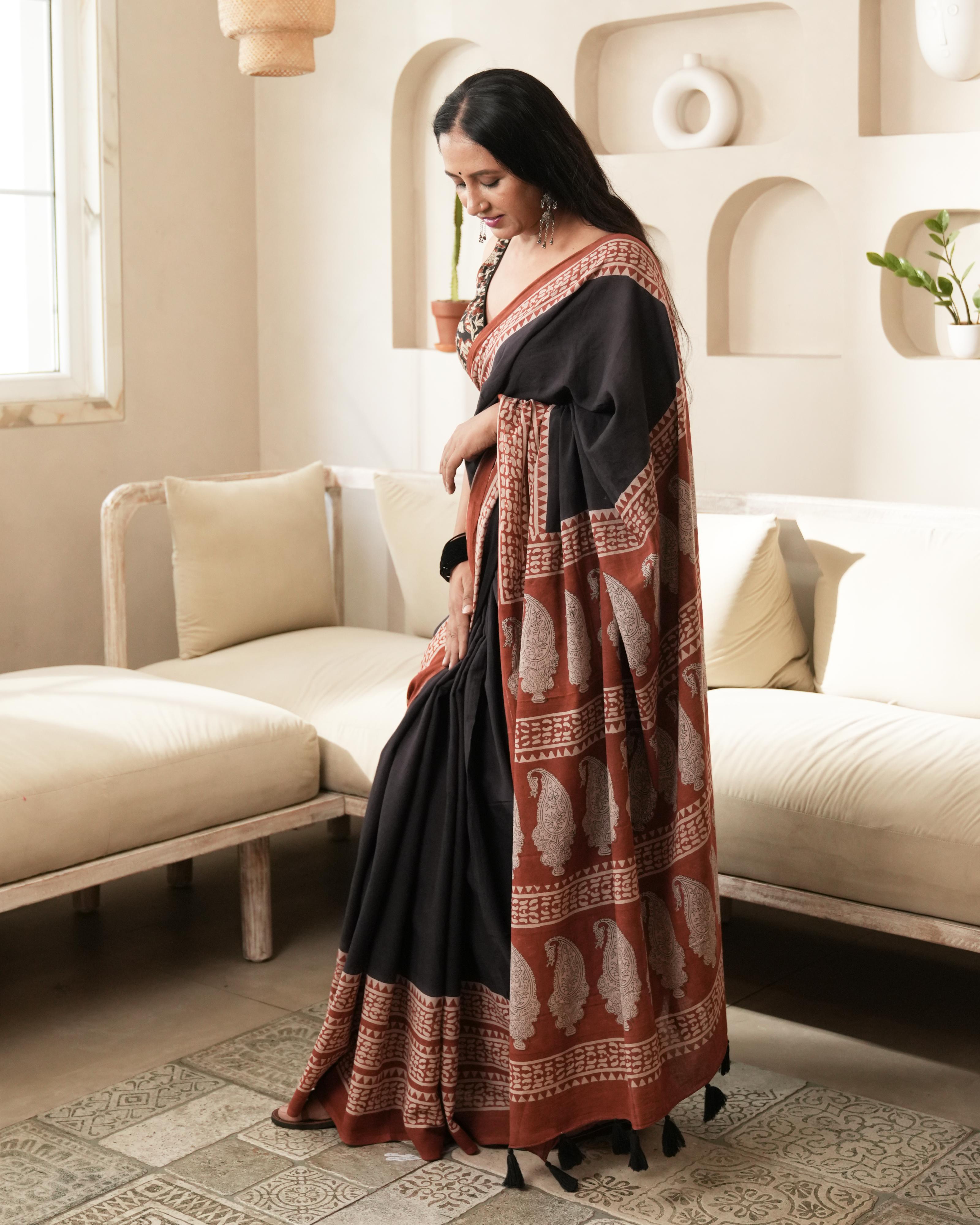 Bagru Print Mul Cotton Saree | Black Border for Everyday Elegance & Heritage Events