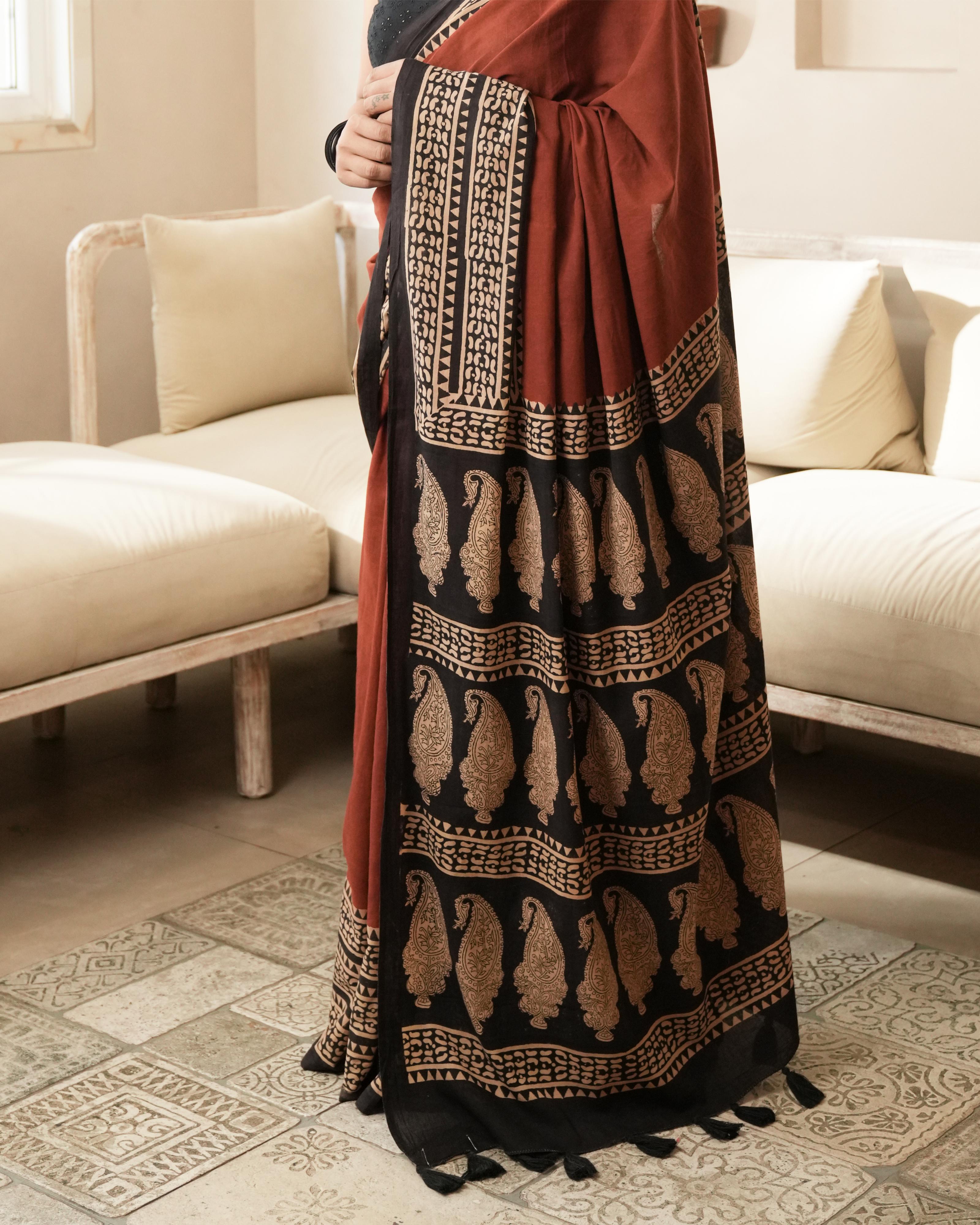 Bagru Print Mul Cotton Saree | Red Paisley Border for Everyday & Ethnic Workwear