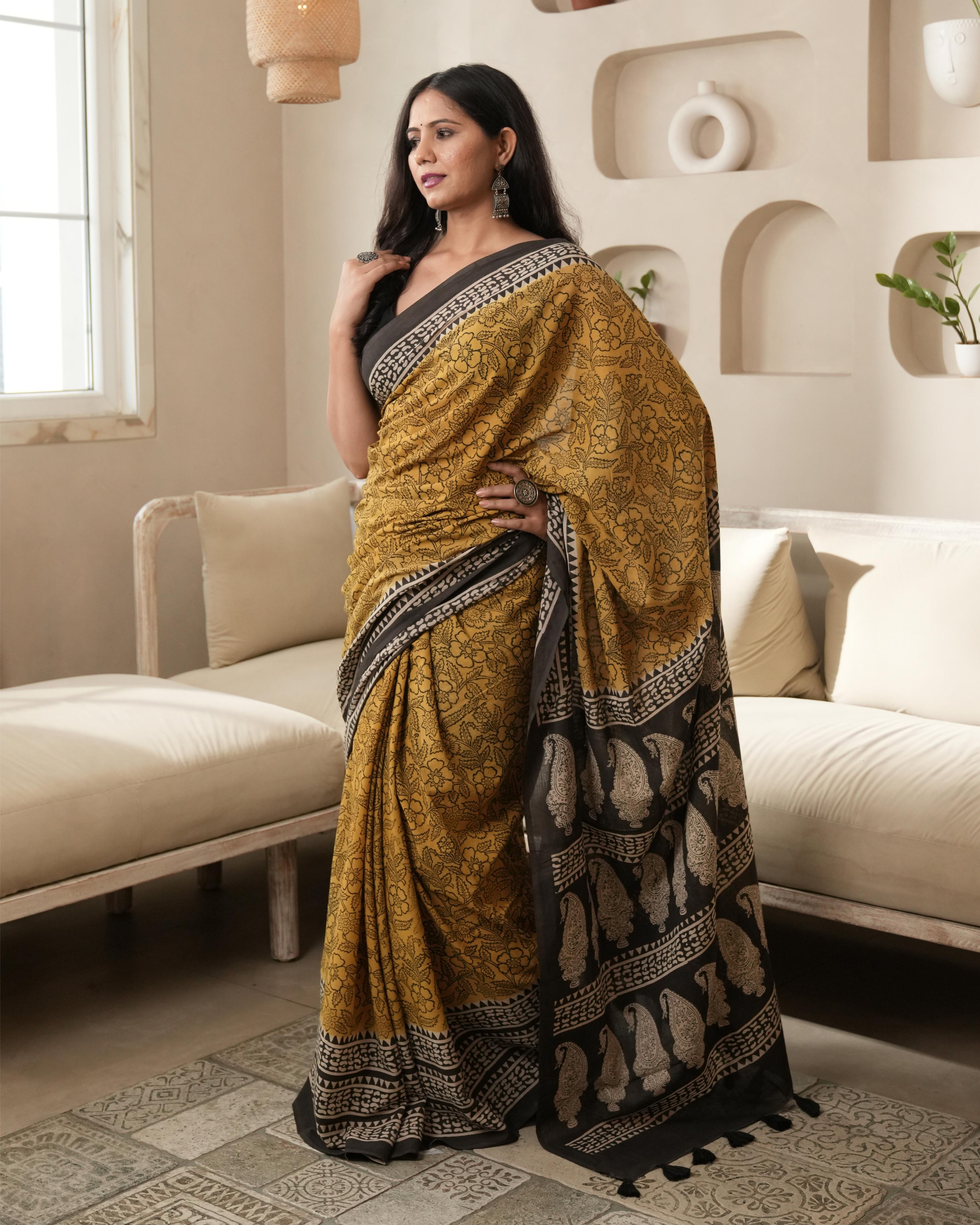 Bagru Print Mul Cotton Saree | Mustard Paisley for Summer, Workwear & Cultural Outings