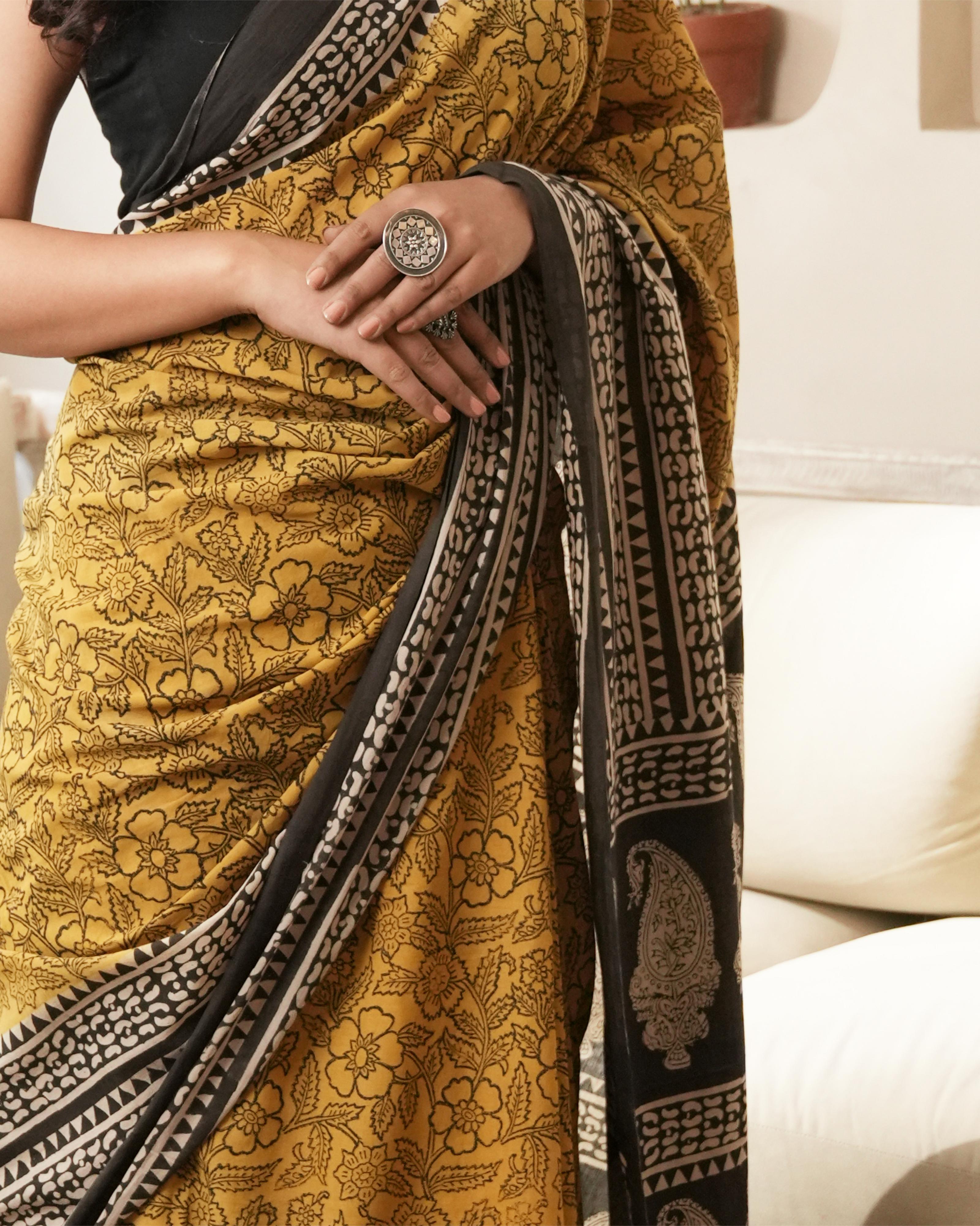 Bagru Print Mul Cotton Saree | Mustard Paisley for Summer, Workwear & Cultural Outings