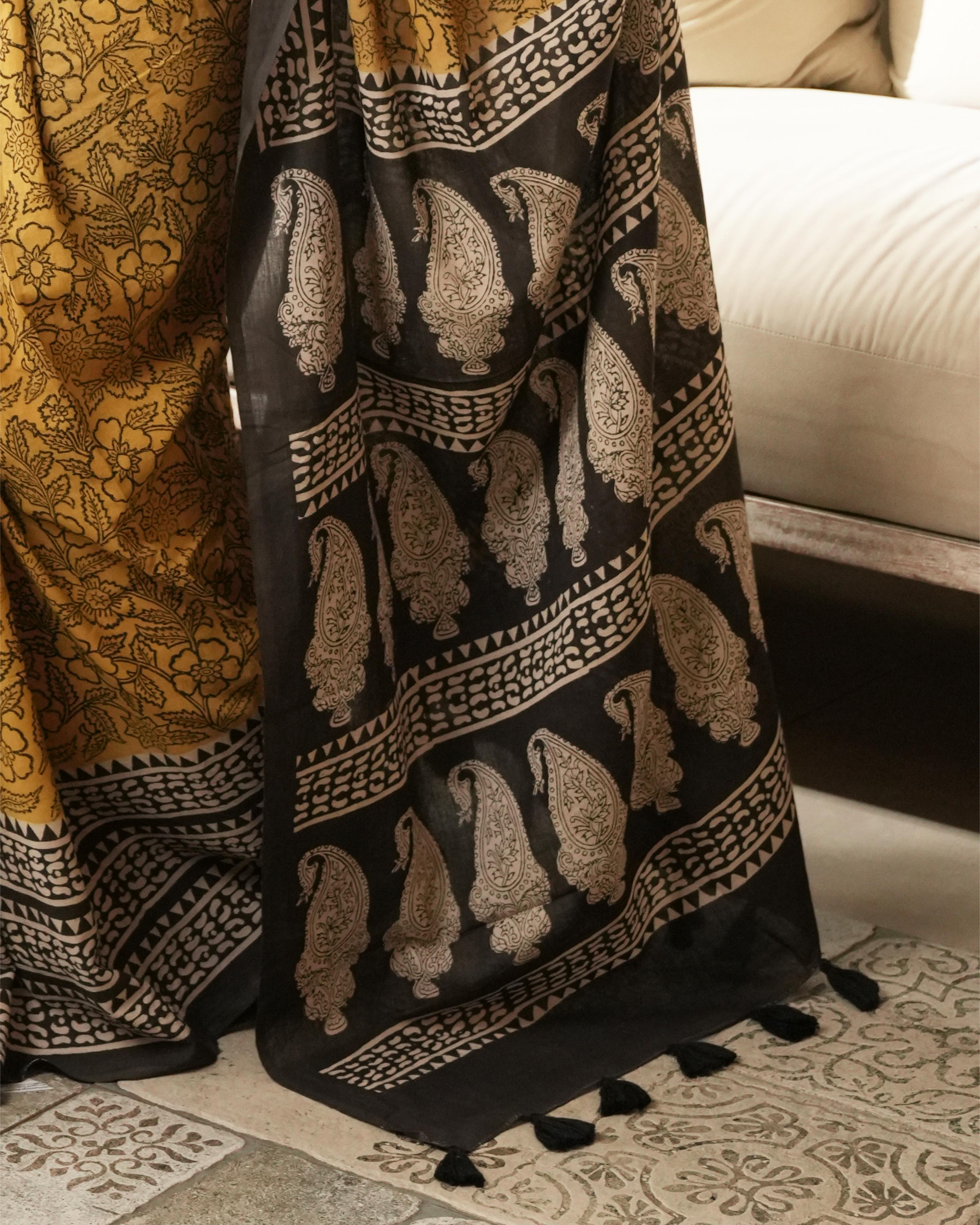 Bagru Print Mul Cotton Saree | Mustard Paisley for Summer, Workwear & Cultural Outings