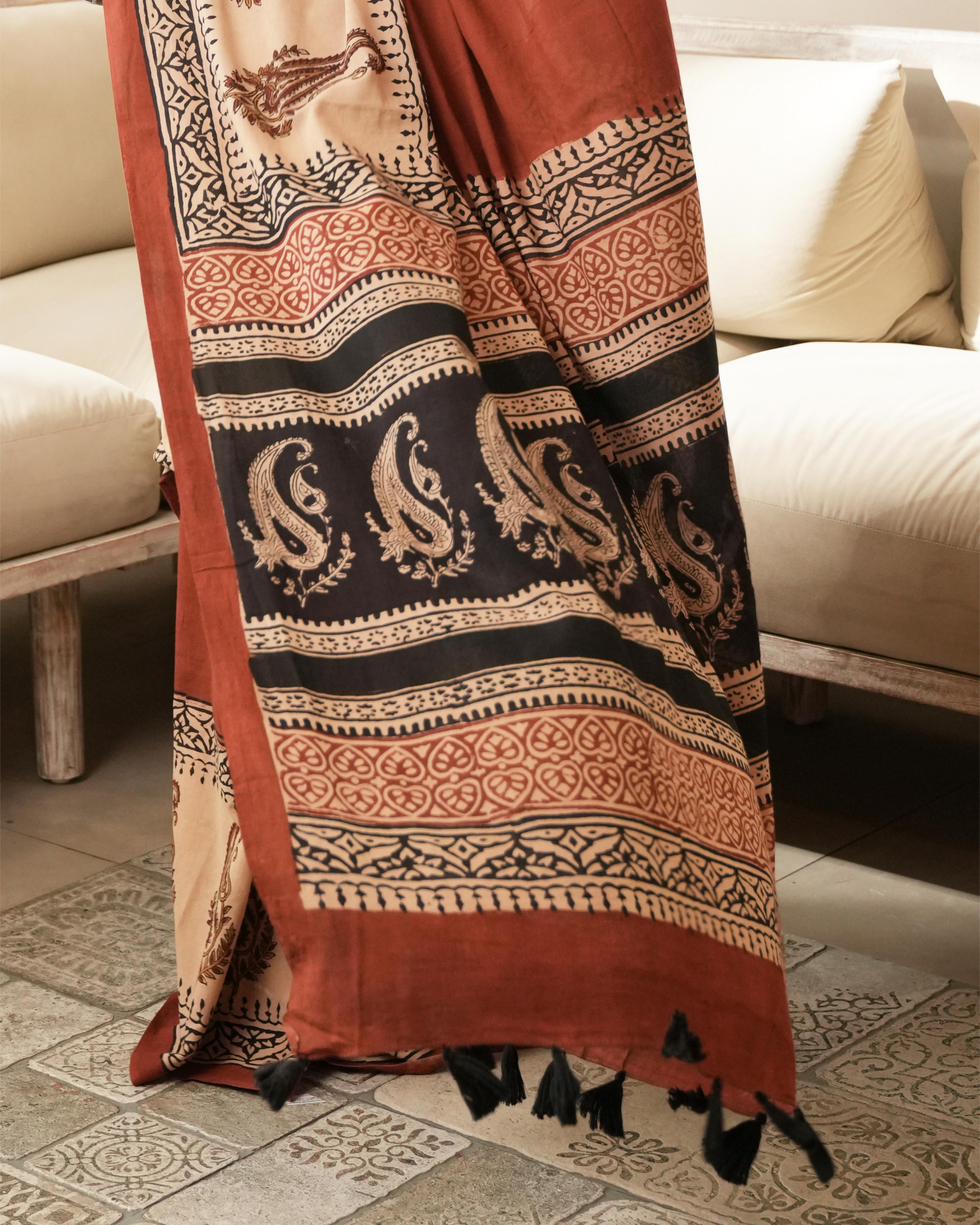 Bagru Print Mul Cotton Saree | Red Paisley for Workwear, Summer & Cultural Celebrations