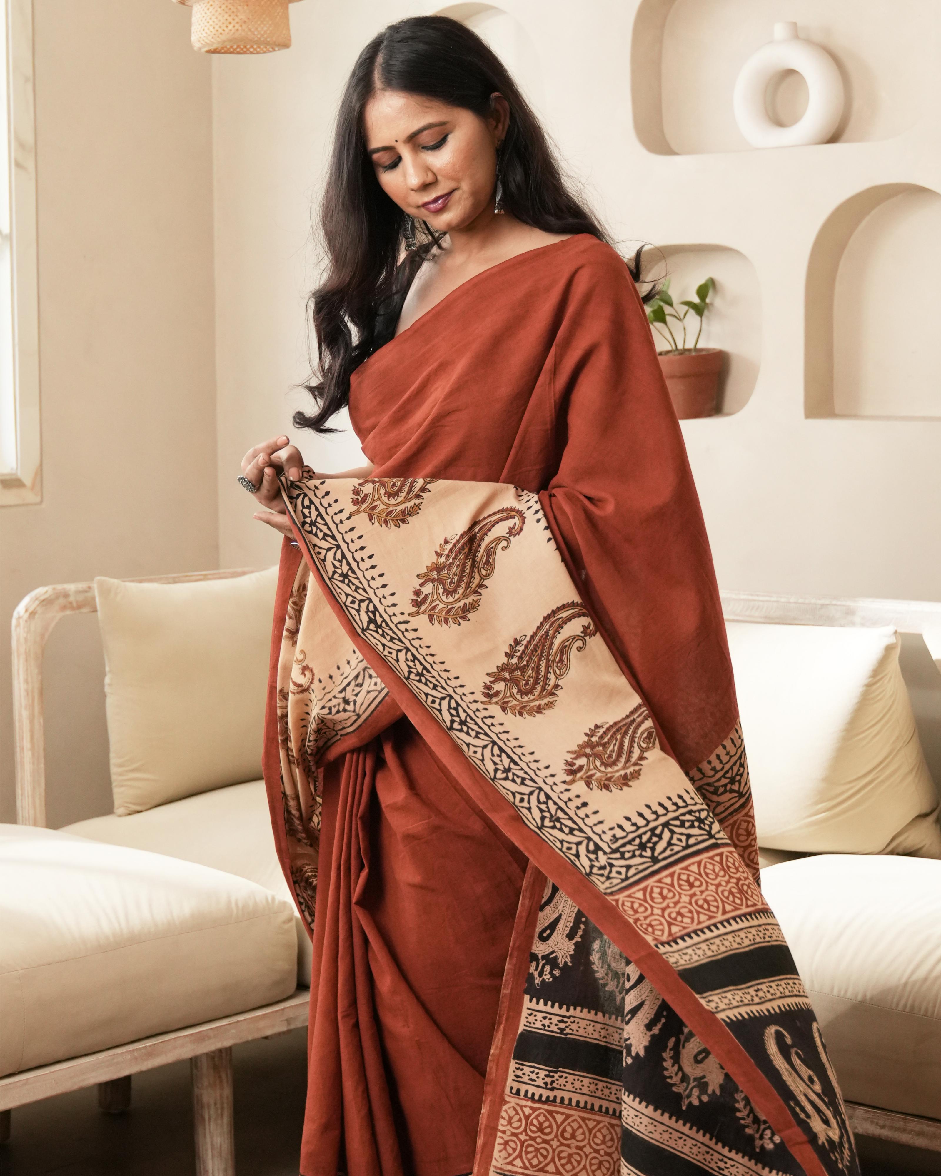 Bagru Print Mul Cotton Saree | Red Paisley for Workwear, Summer & Cultural Celebrations