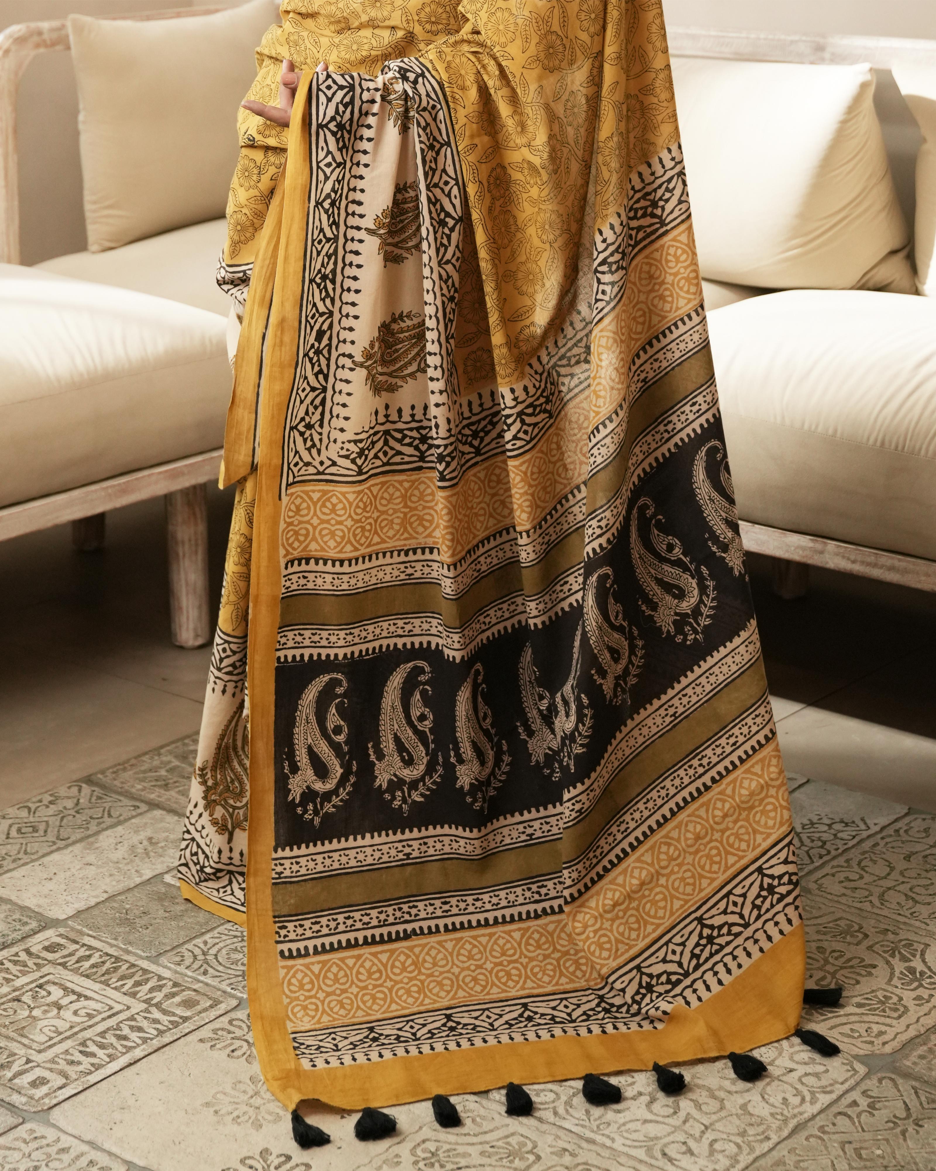 Bagru Print Mul Cotton Saree | Mustard Paisley Border for Festive & Summer Occasions