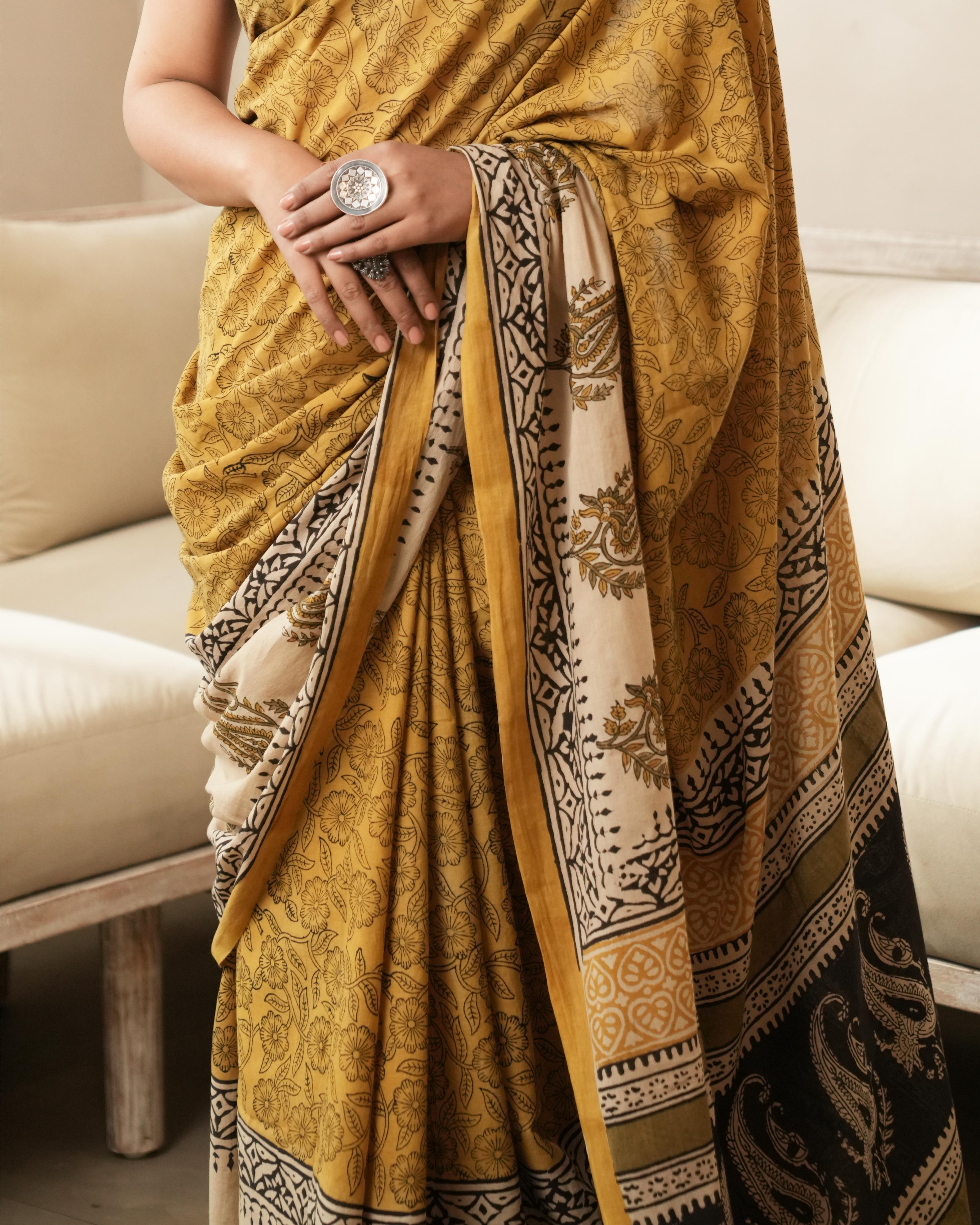 Bagru Print Mul Cotton Saree | Mustard Paisley Border for Festive & Summer Occasions