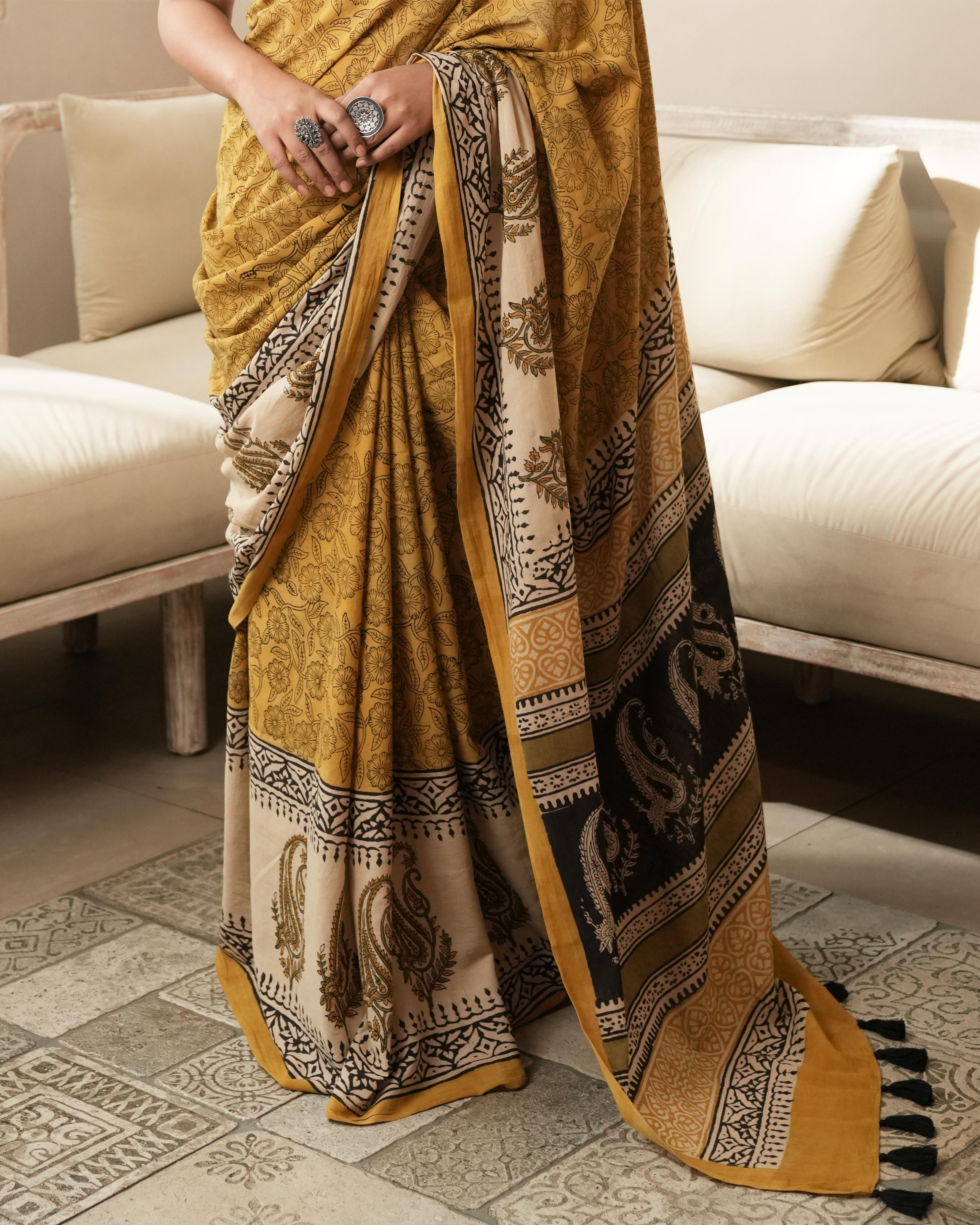 Bagru Print Mul Cotton Saree | Mustard Paisley Border for Festive & Summer Occasions