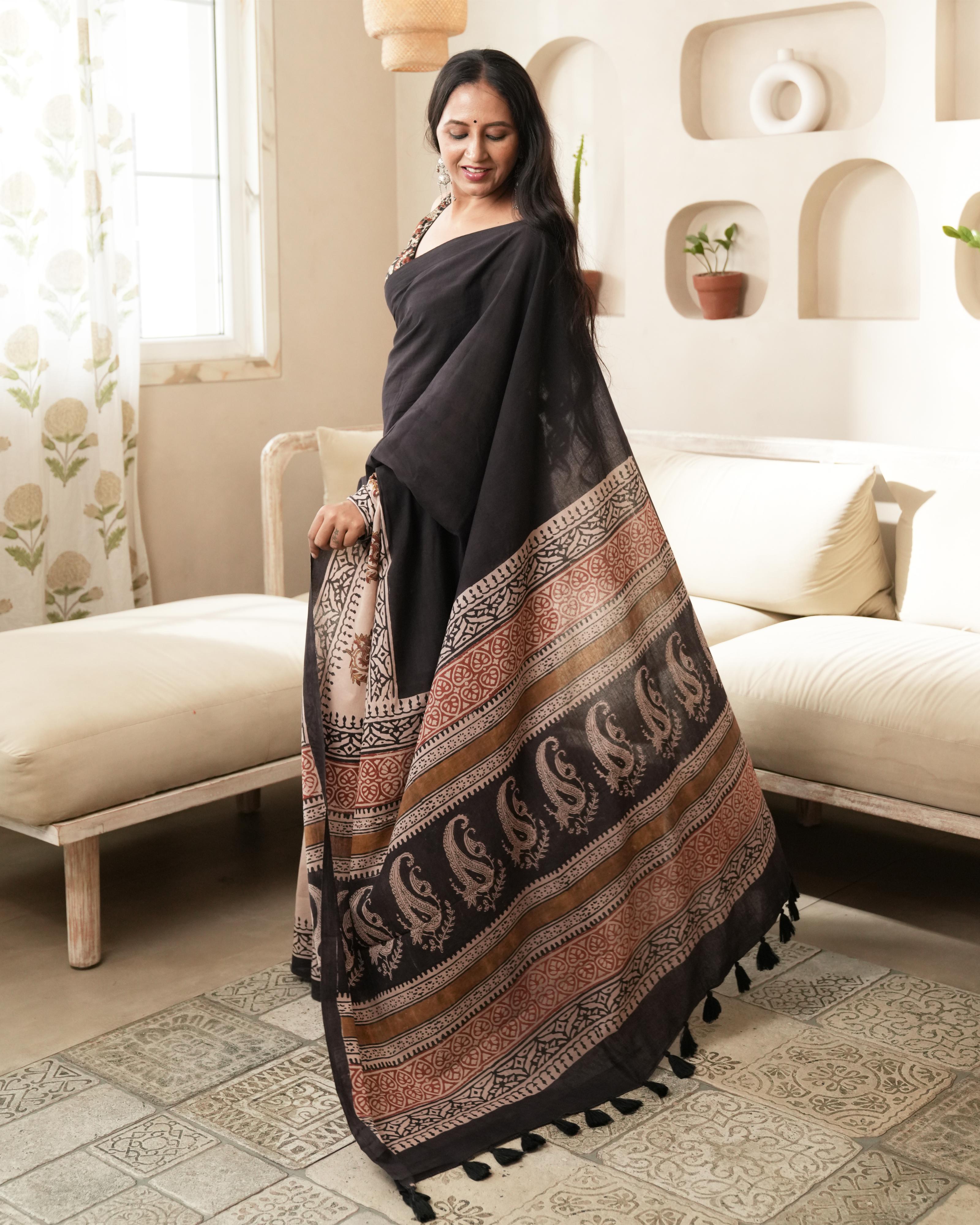 Bagru Print Mul Cotton Saree | Black Paisley Border for Office & Cultural Moments