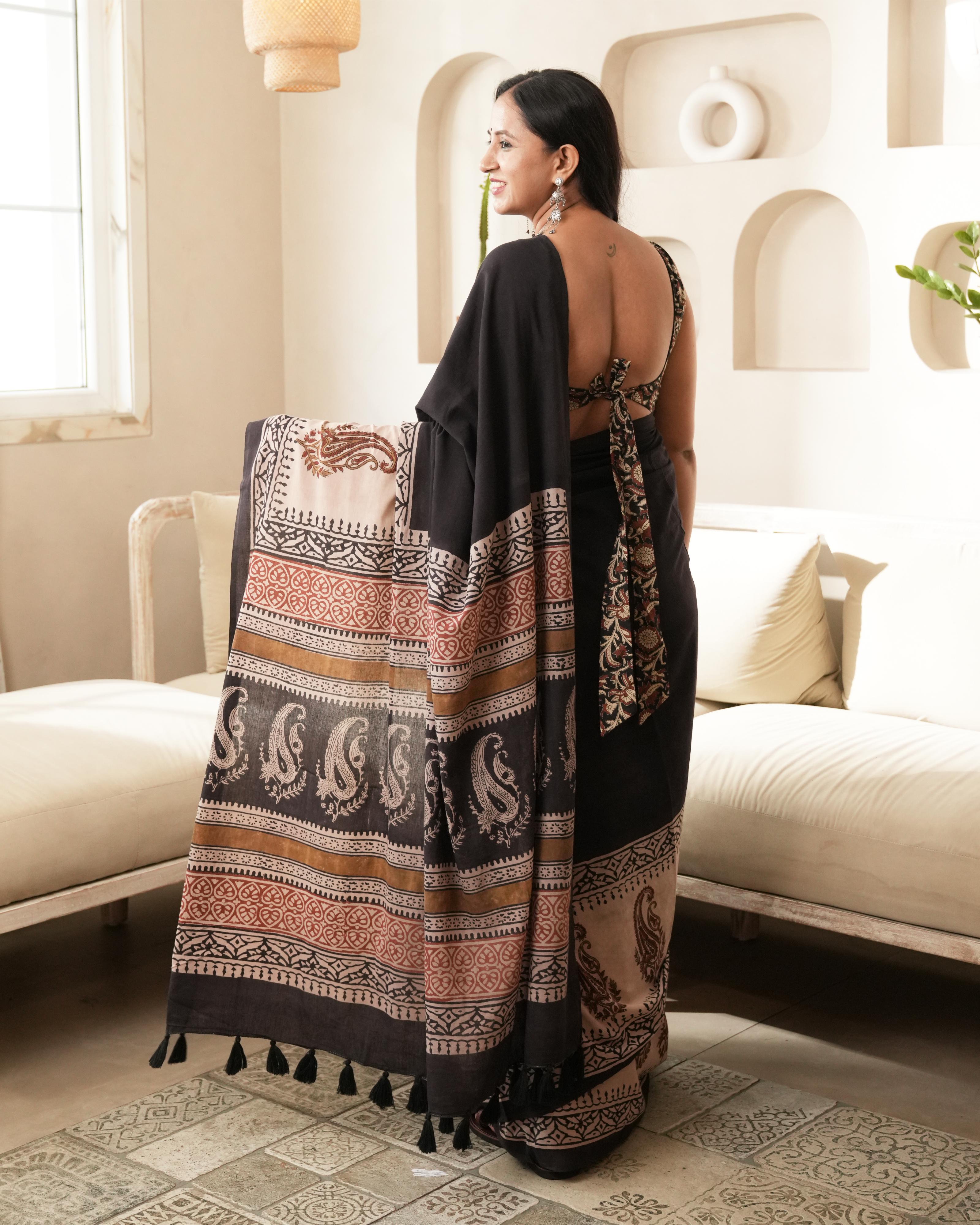 Bagru Print Mul Cotton Saree | Black Paisley Border for Office & Cultural Moments