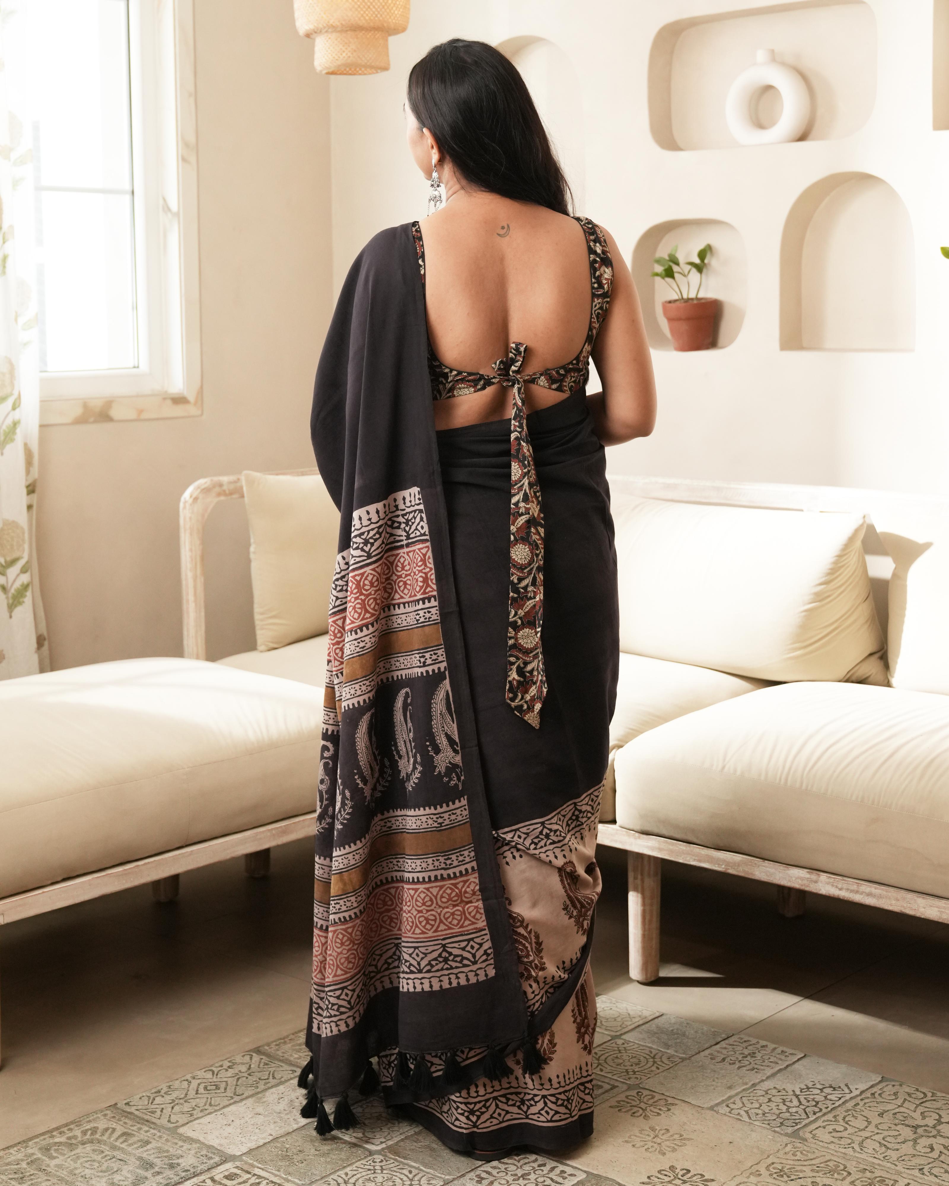 Bagru Print Mul Cotton Saree | Black Paisley Border for Office & Cultural Moments