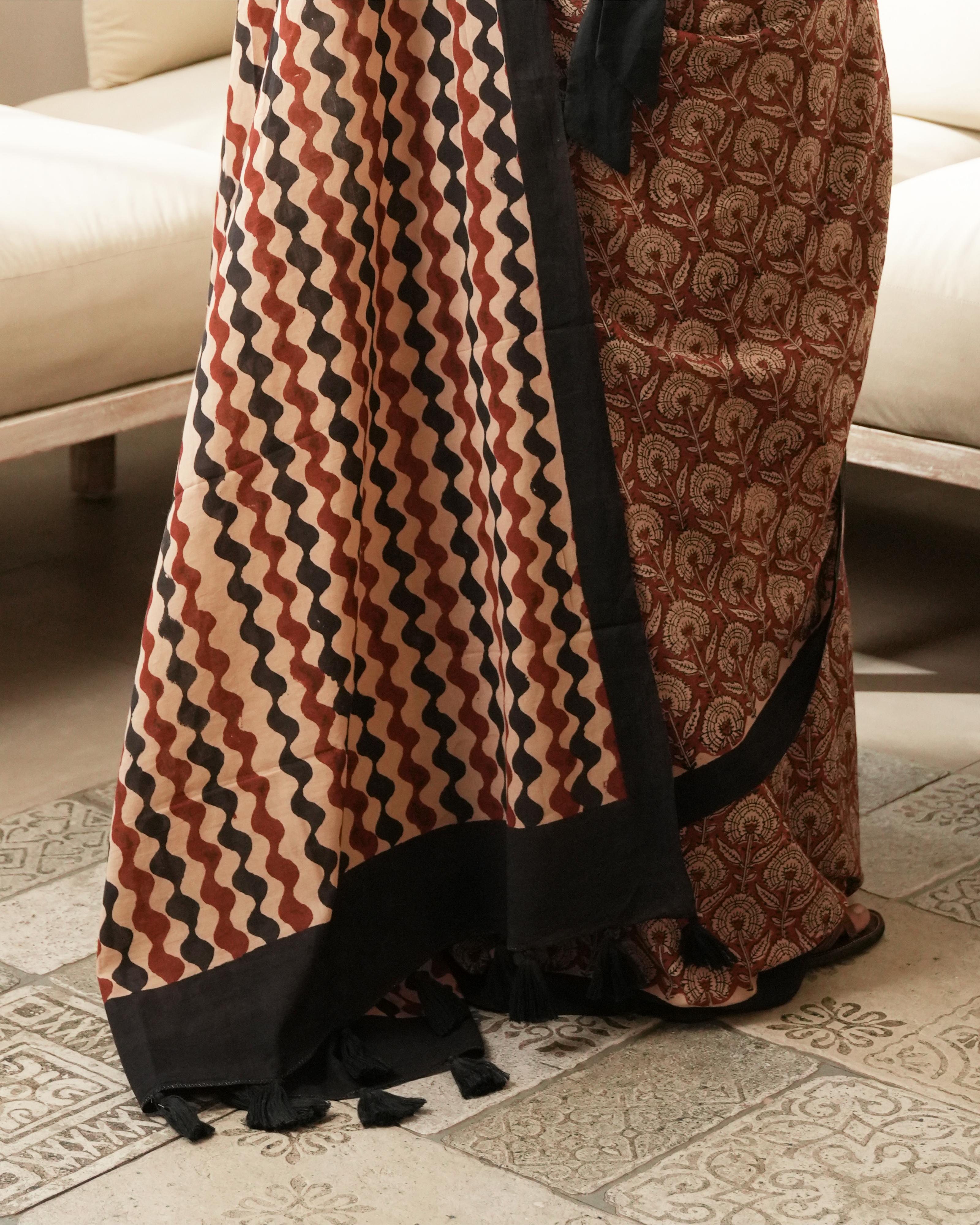 Bagru Print Mul Cotton Saree | Red Floral for Office, Poojas & Summer Ethnic Wear