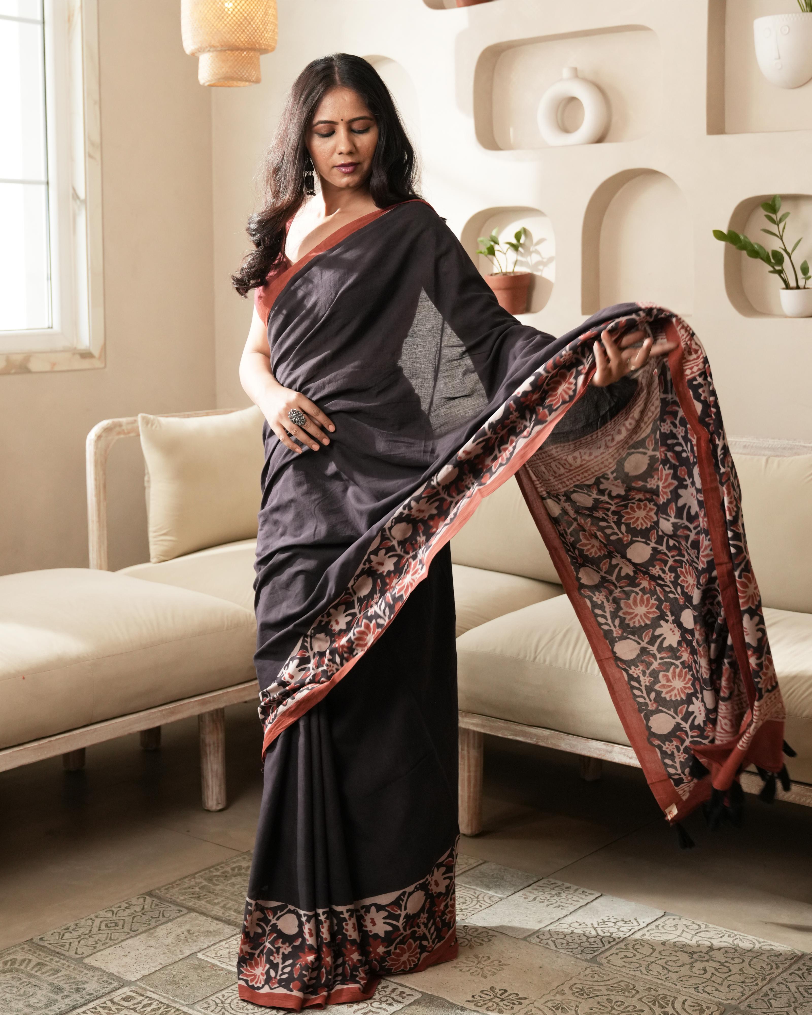 black cotton saree with jaal design