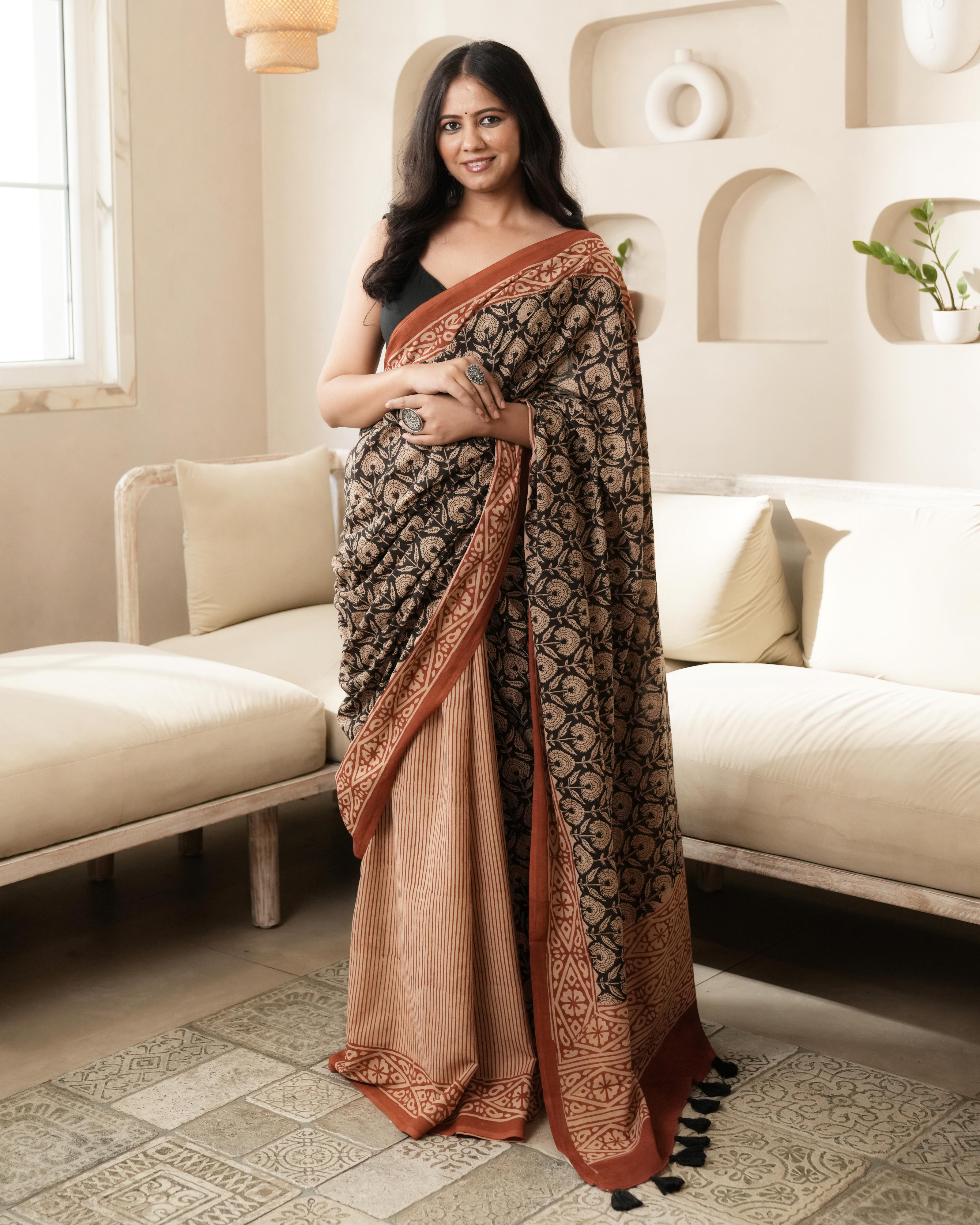 black bagru print cotton saree