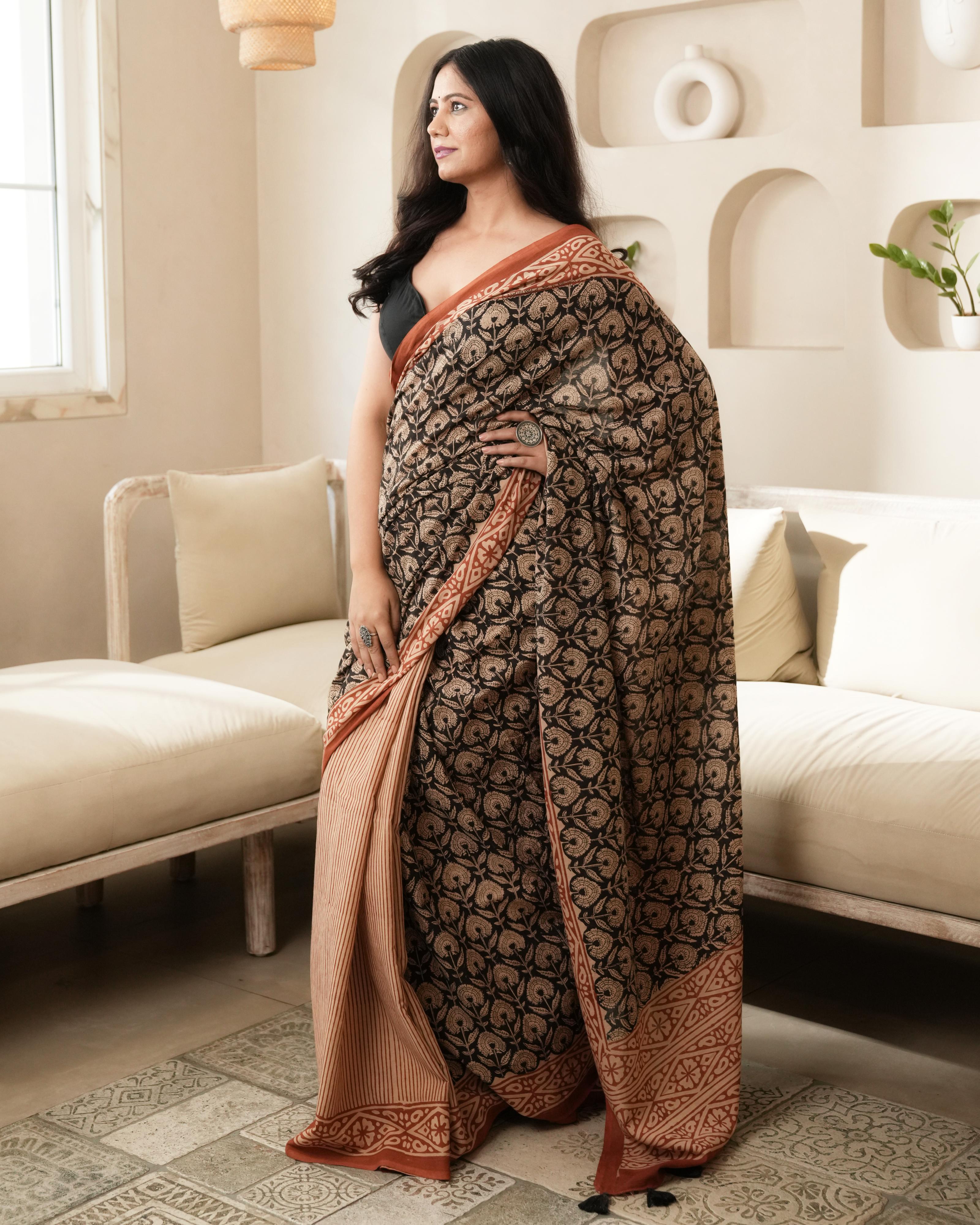 traditional bagru block print saree black