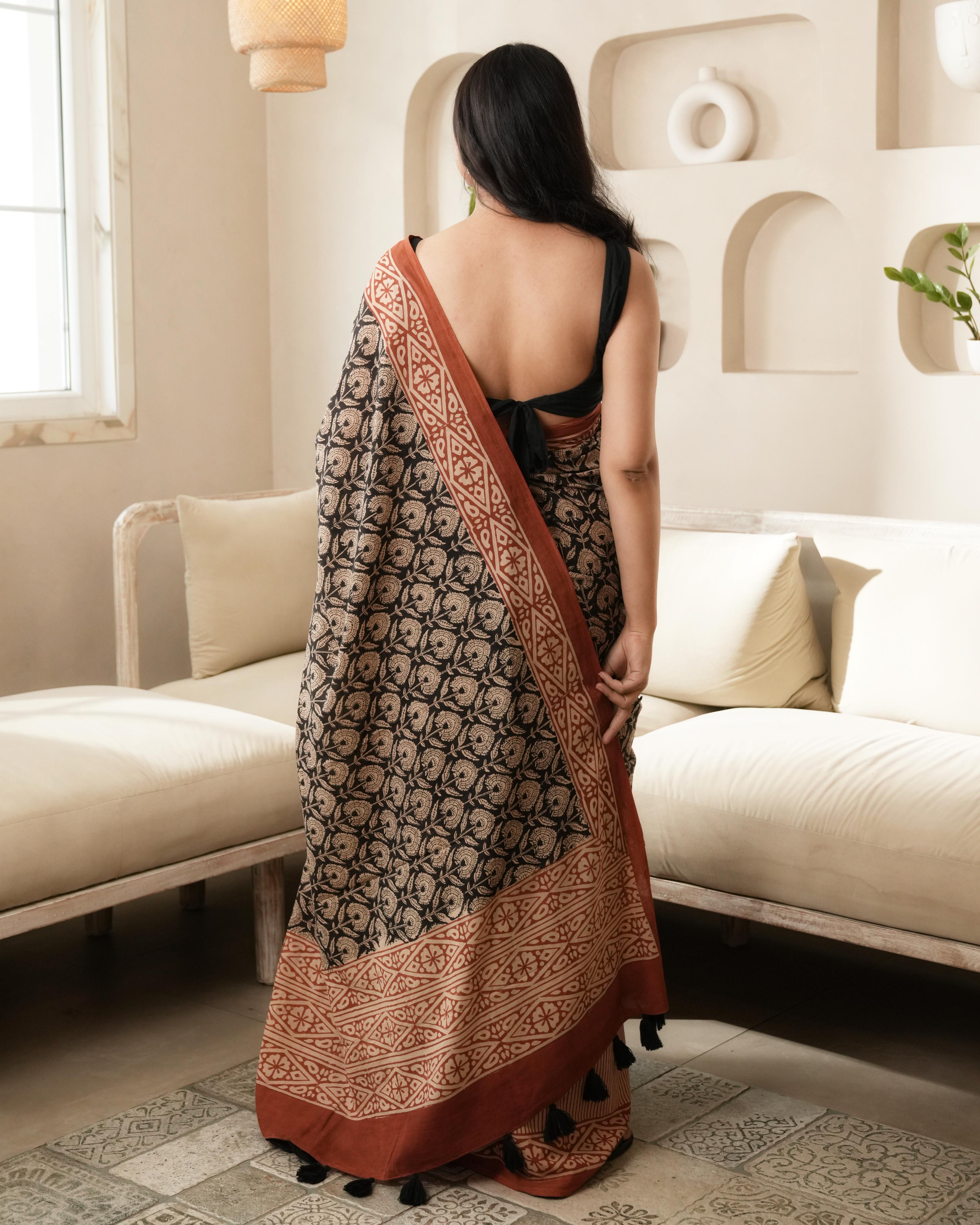 hand printed bagru design cotton saree