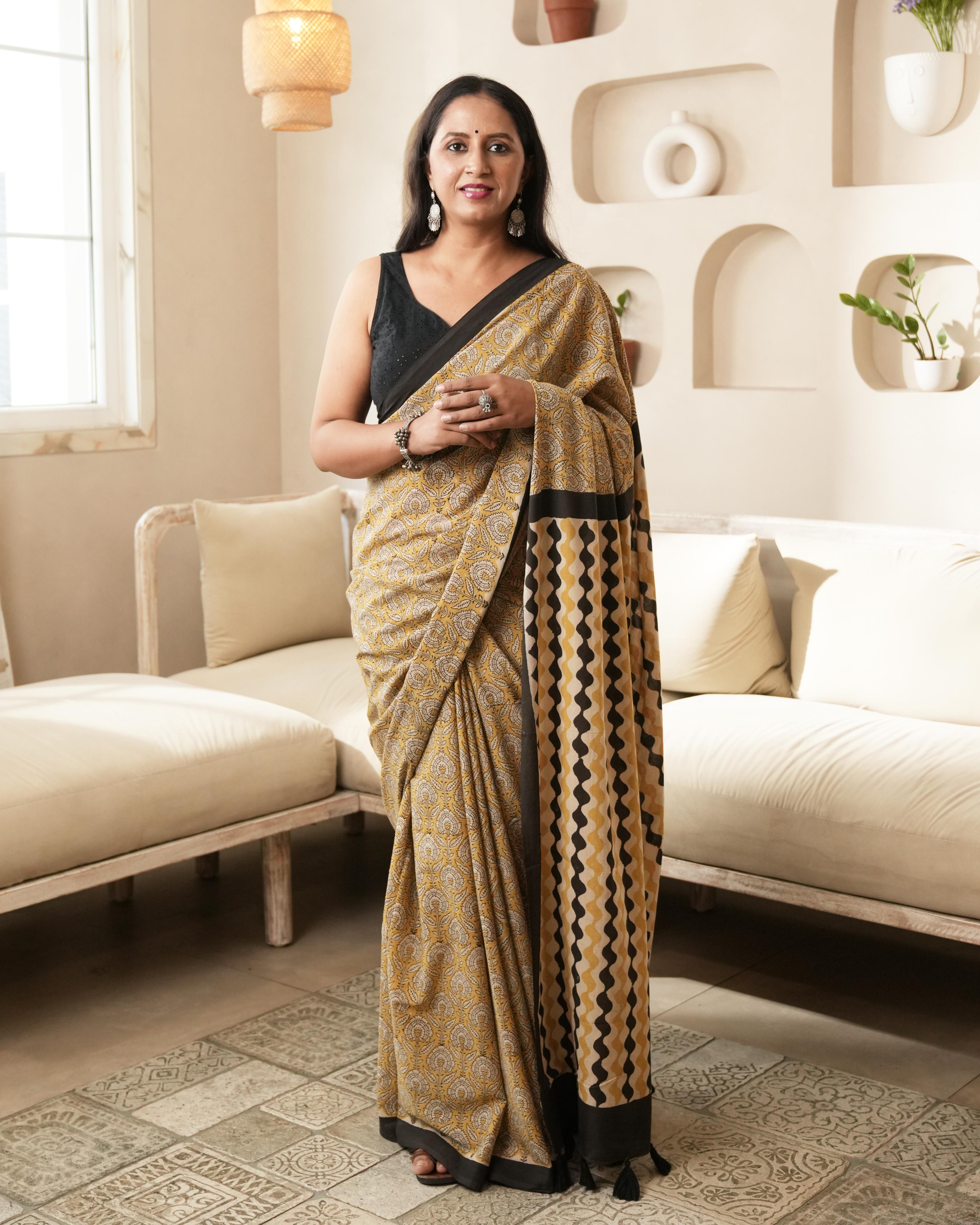 Bagru Print Mul Cotton Saree | Mustard Jaal for Everyday Wear & Cultural Events