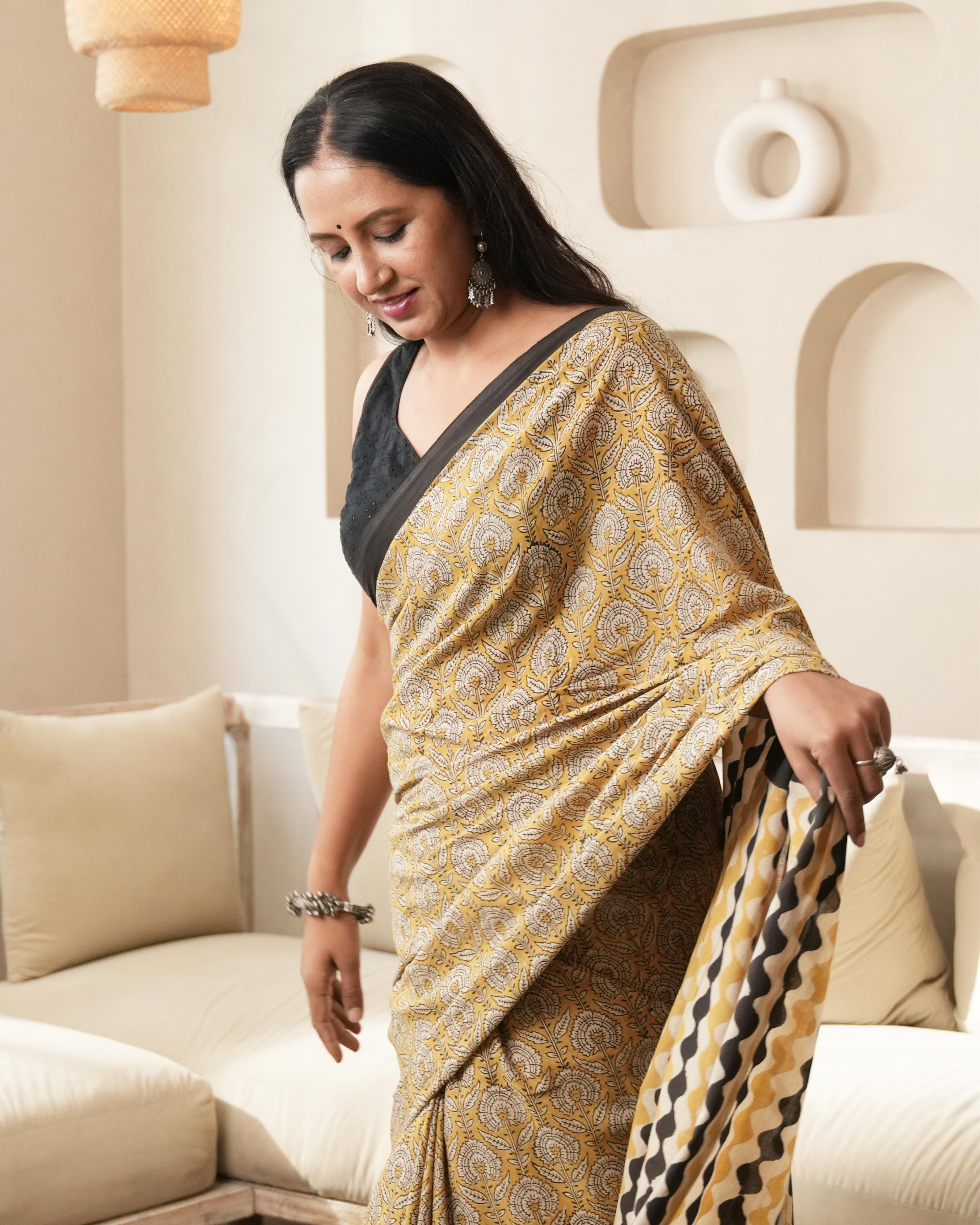 Bagru Print Mul Cotton Saree | Mustard Jaal for Everyday Wear & Cultural Events