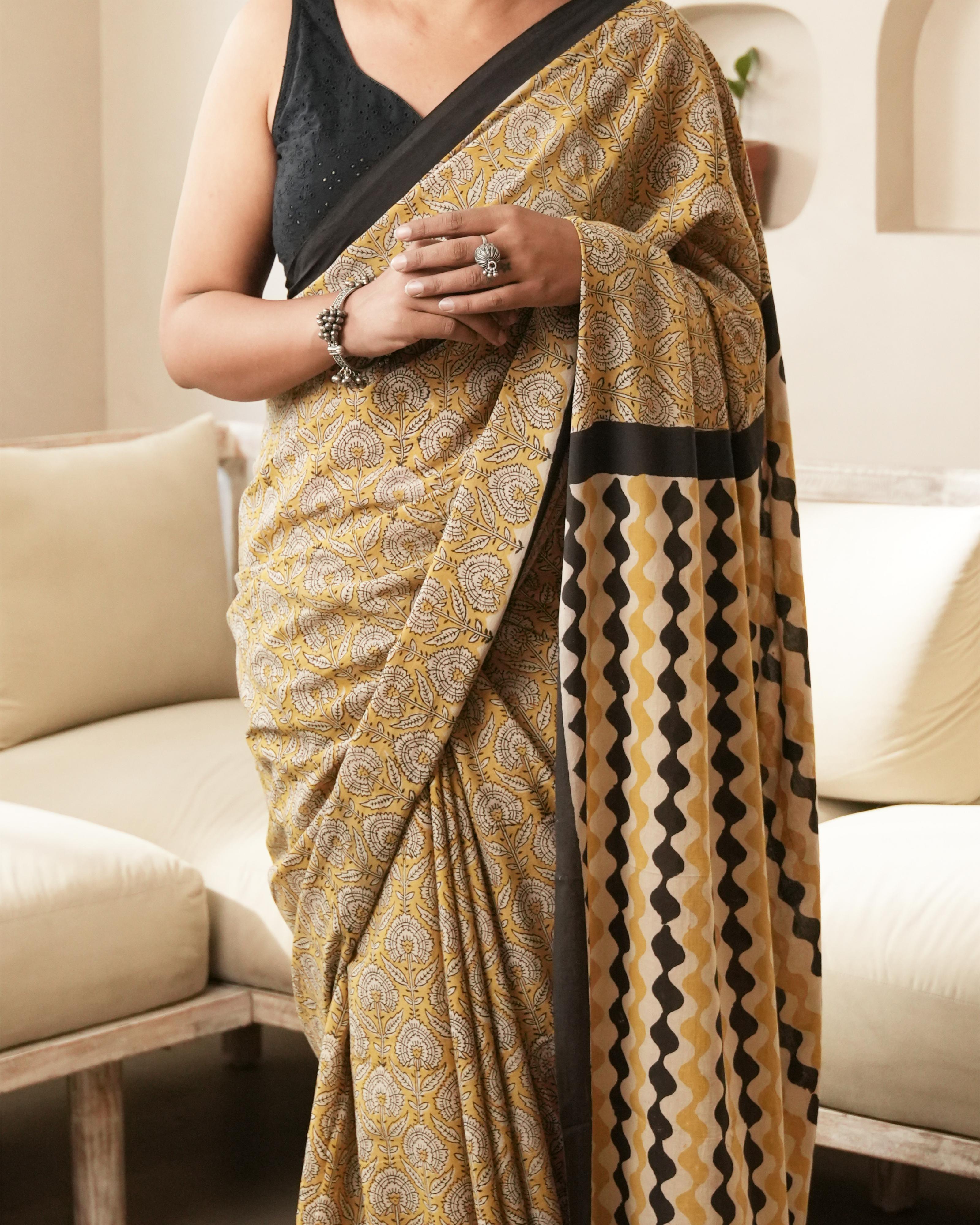 Bagru Print Mul Cotton Saree | Mustard Jaal for Everyday Wear & Cultural Events