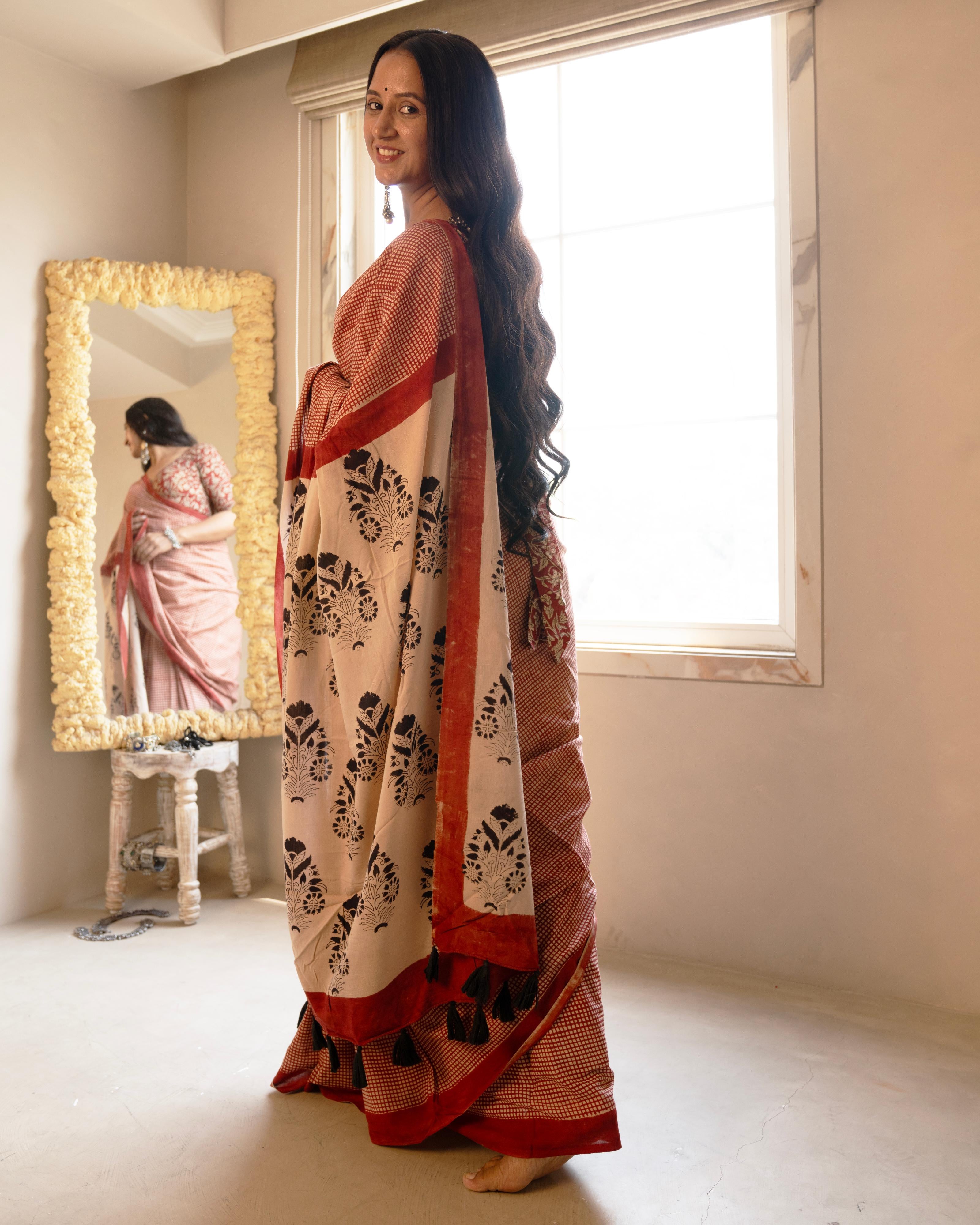 red block print cotton saree