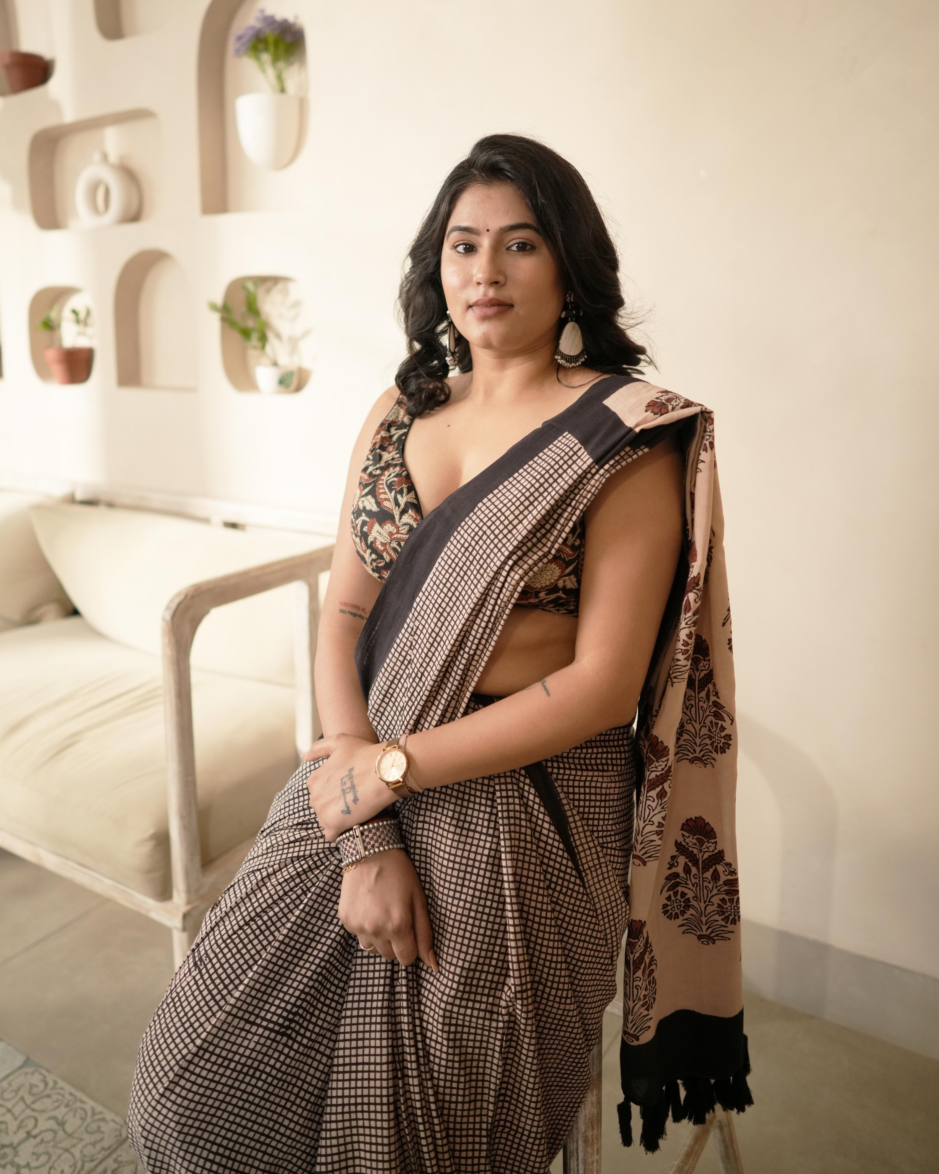 hand printed check design saree