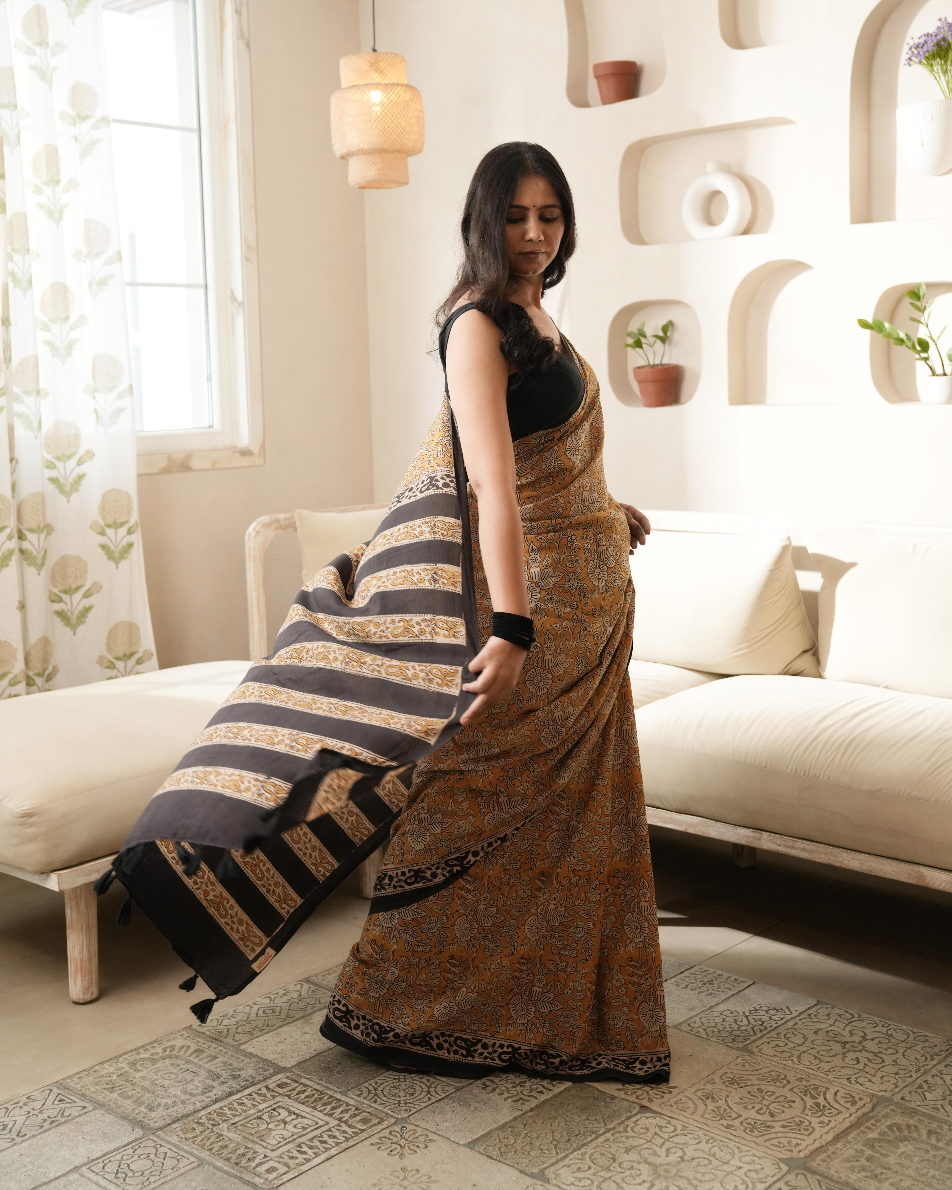 Bagru Print Mul Cotton Saree | Mustard Black Jaal for Everyday & Festive Occasions