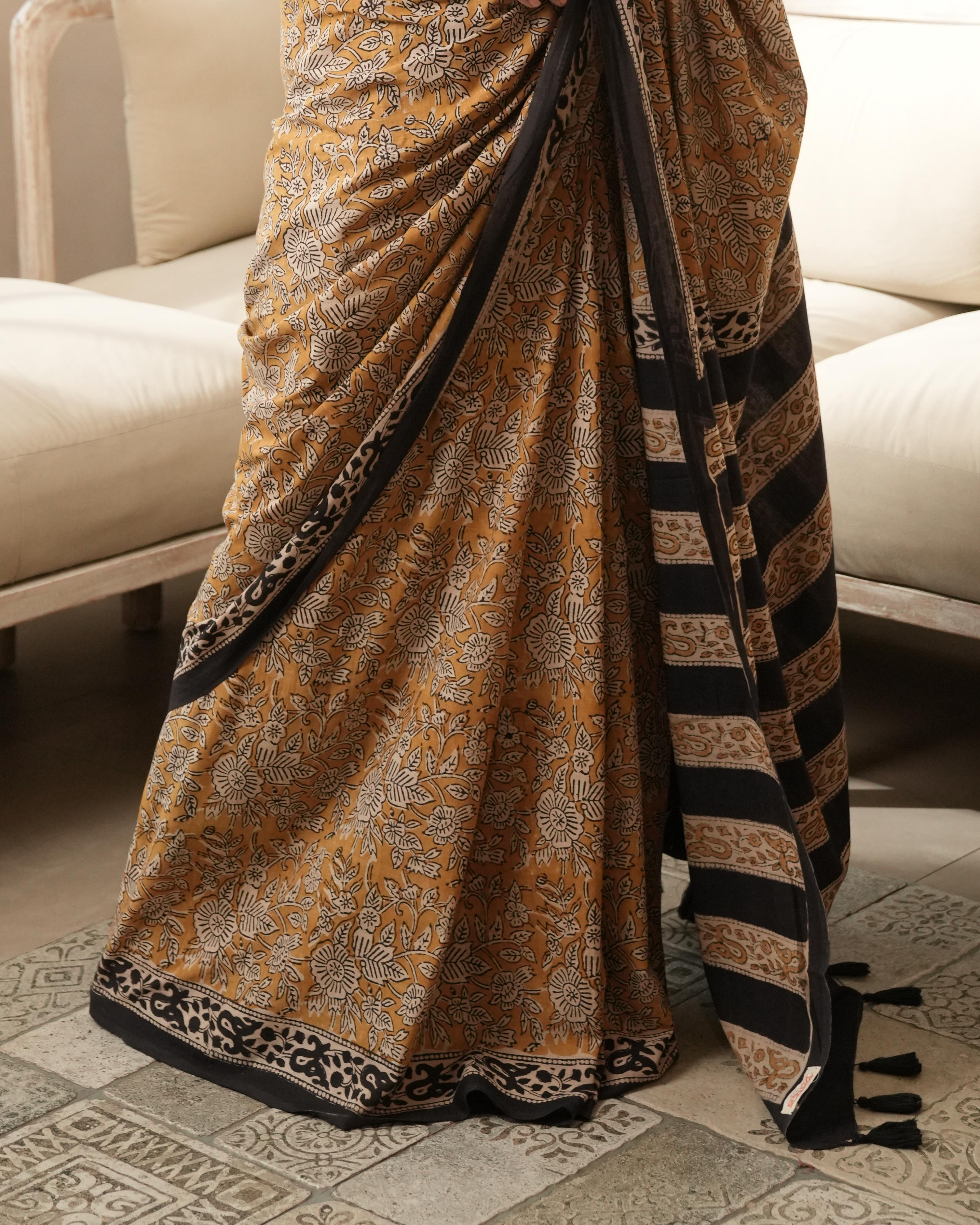 Bagru Print Mul Cotton Saree | Mustard Black Jaal for Everyday & Festive Occasions