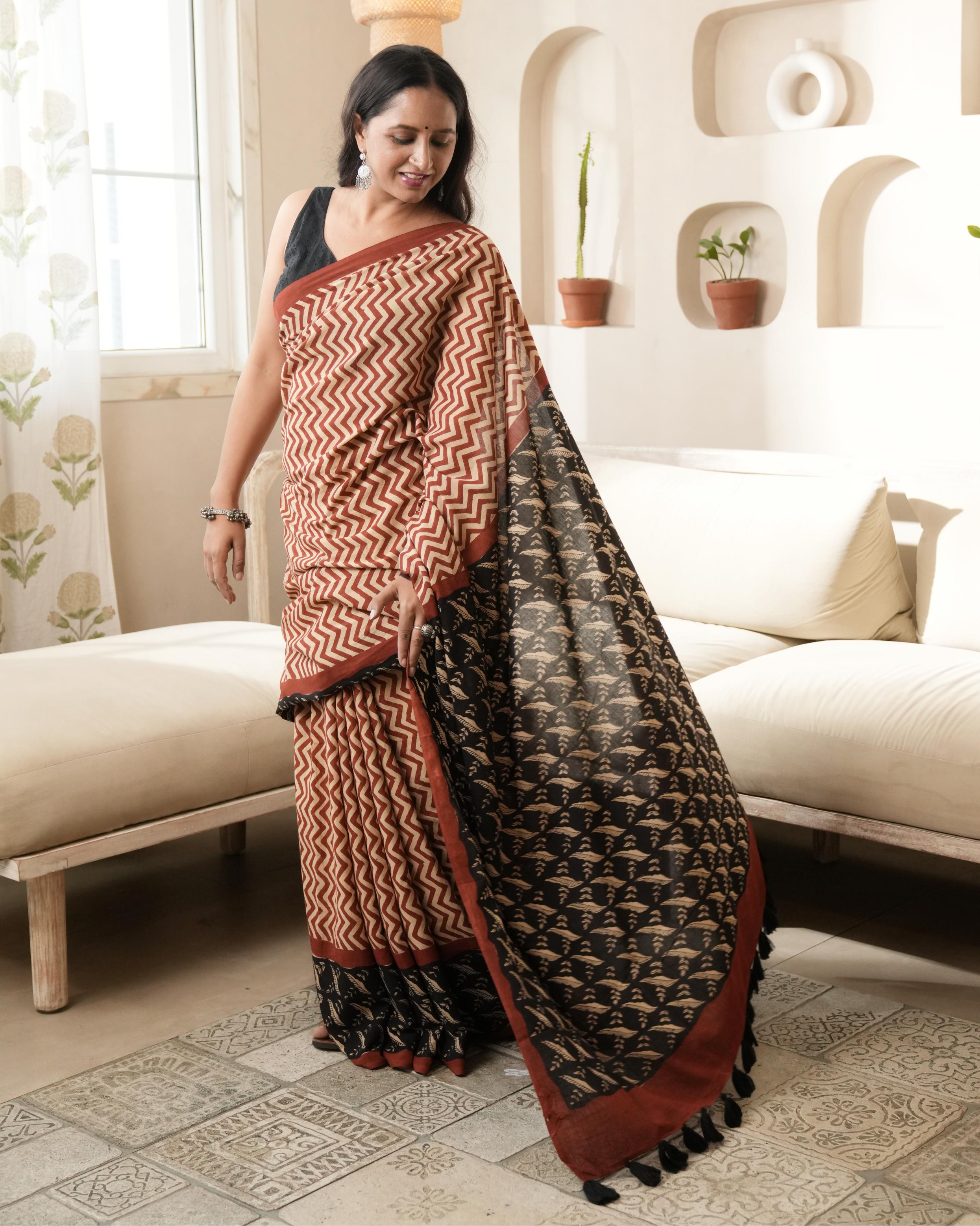 Bagru Print Mul Cotton Saree | Red Zigzag Chevron for Workwear & Festive Dressing