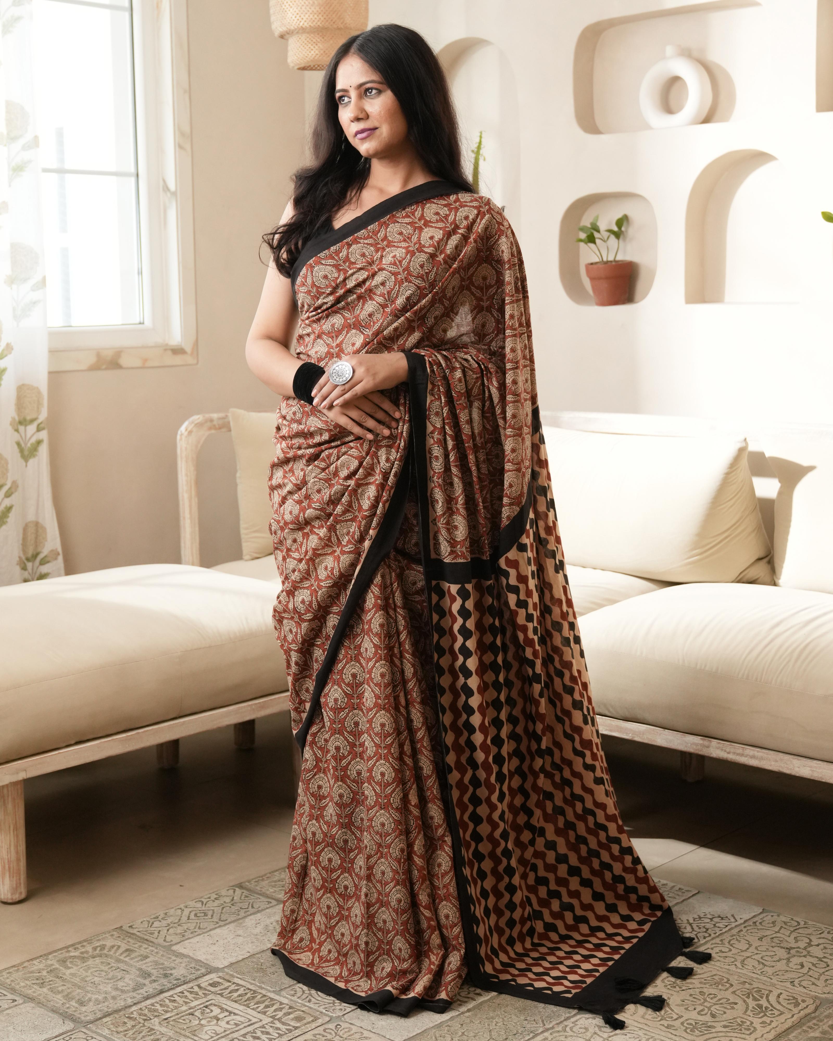 Bagru Print Mul Cotton Saree | Red Jaal for Cultural Gatherings & Summer Wear