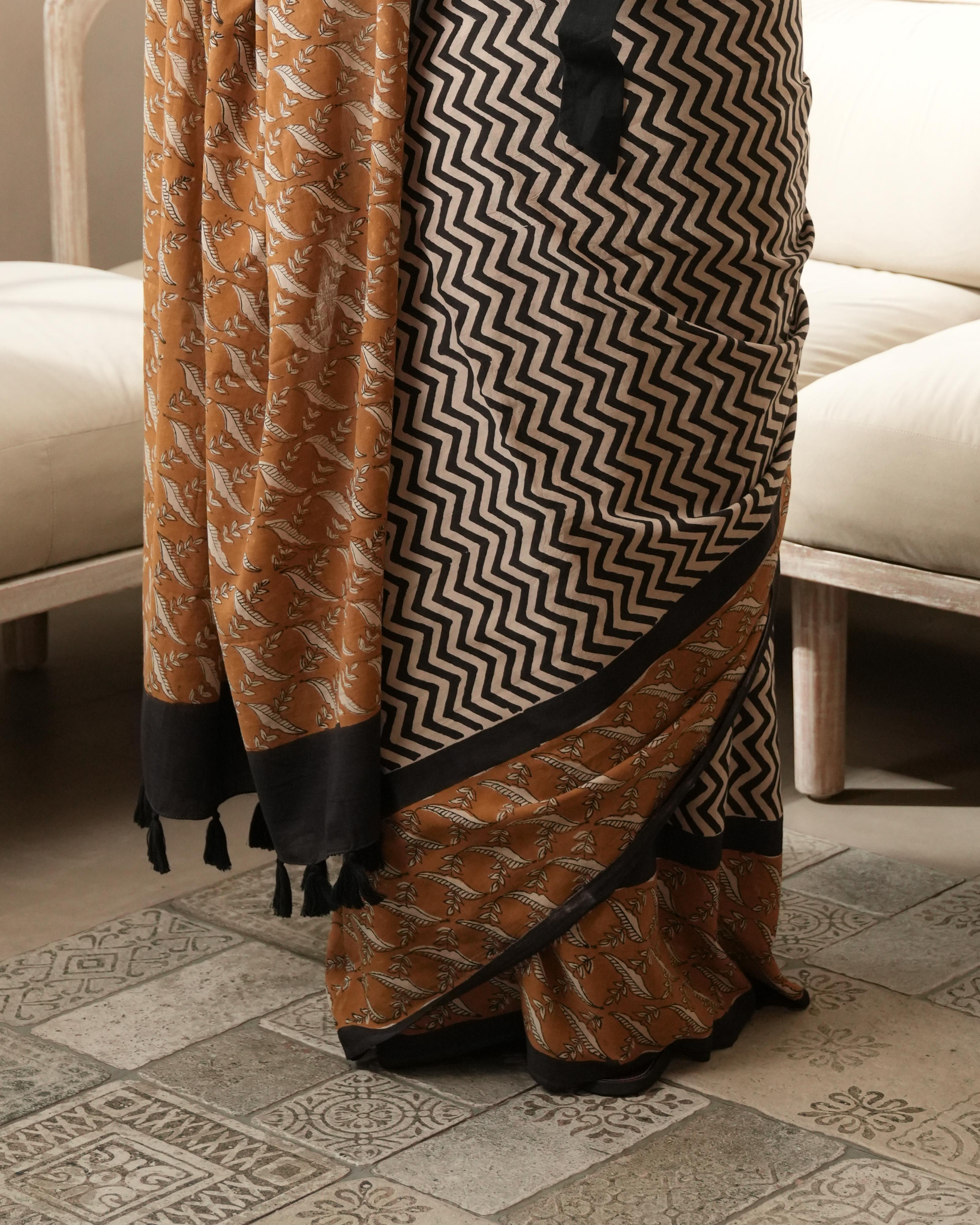 Bagru Print Mul Cotton Saree | Black Zigzag Chevron for Office & Heritage Events