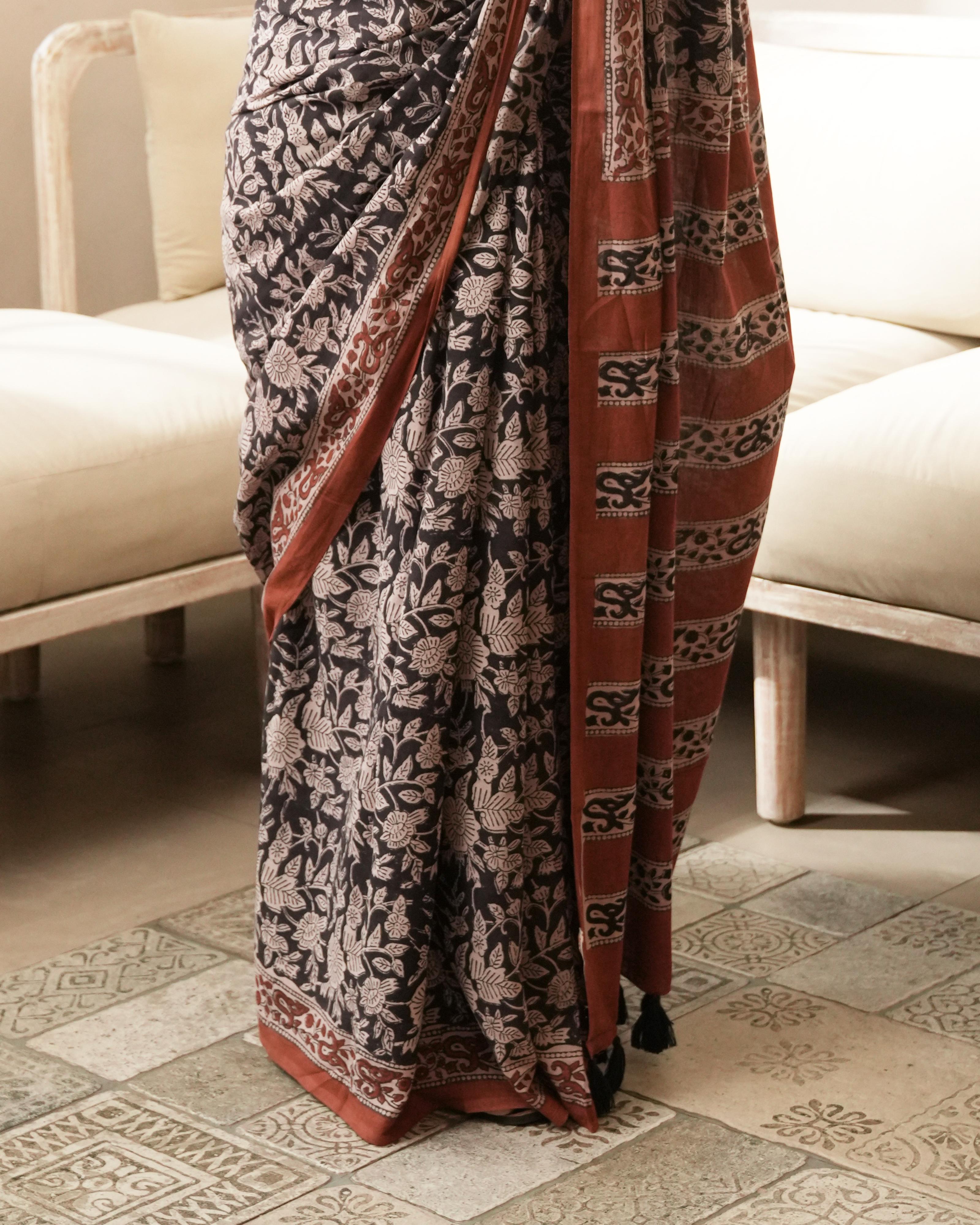 Bagru Print Mul Cotton Saree | Black Jaal for Office, Slow Fashion & Heritage Events