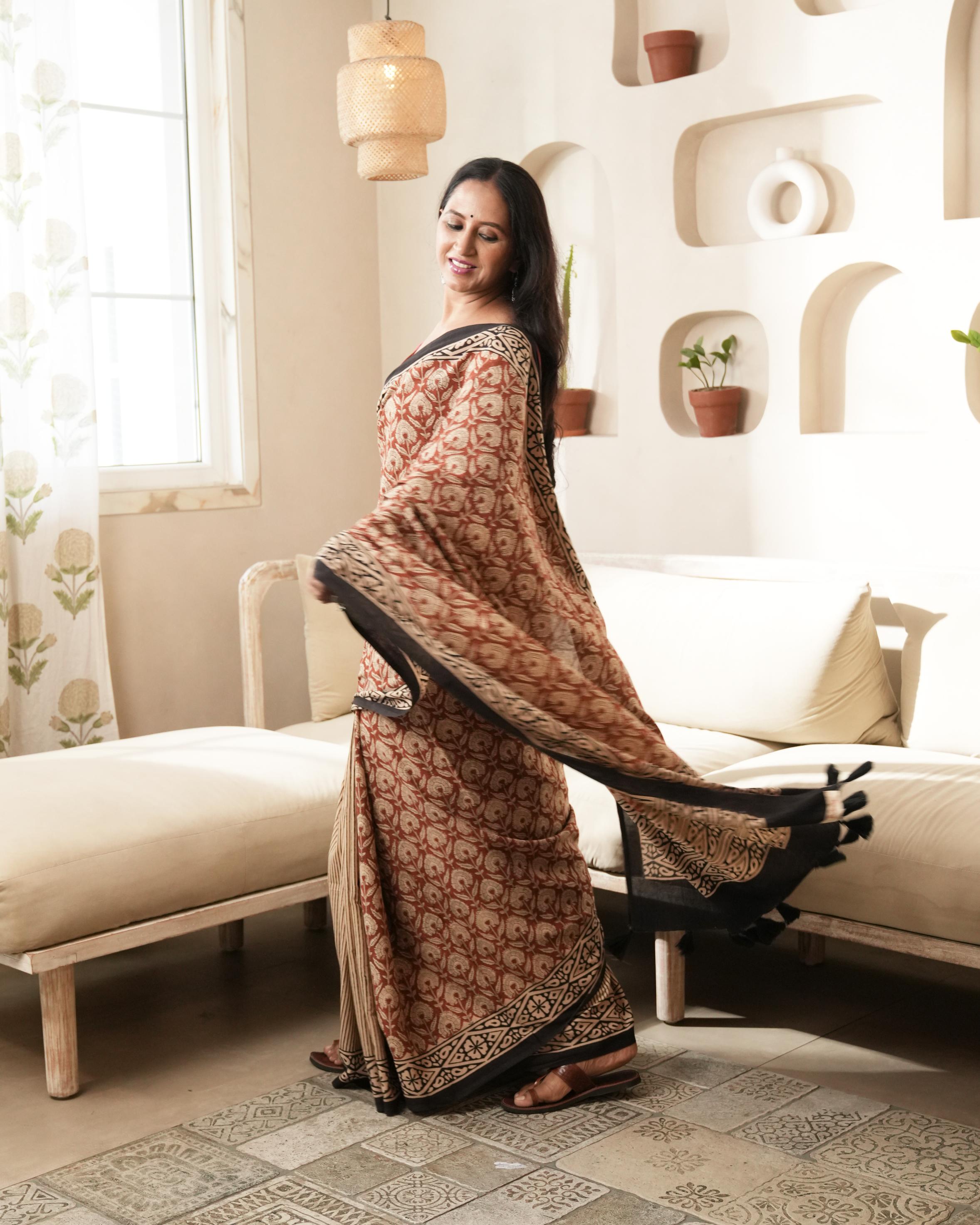Bagru Print Mul Cotton Saree | Black Dual Print for Daily Wear & Heritage Events