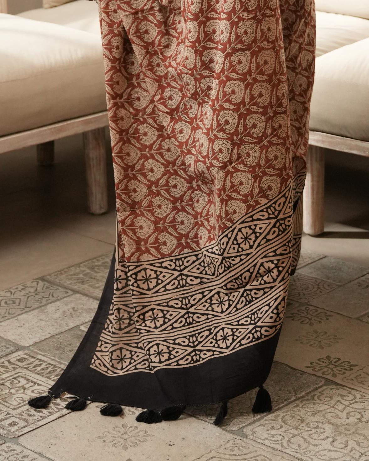 Bagru Print Mul Cotton Saree | Black Dual Print for Daily Wear & Heritage Events