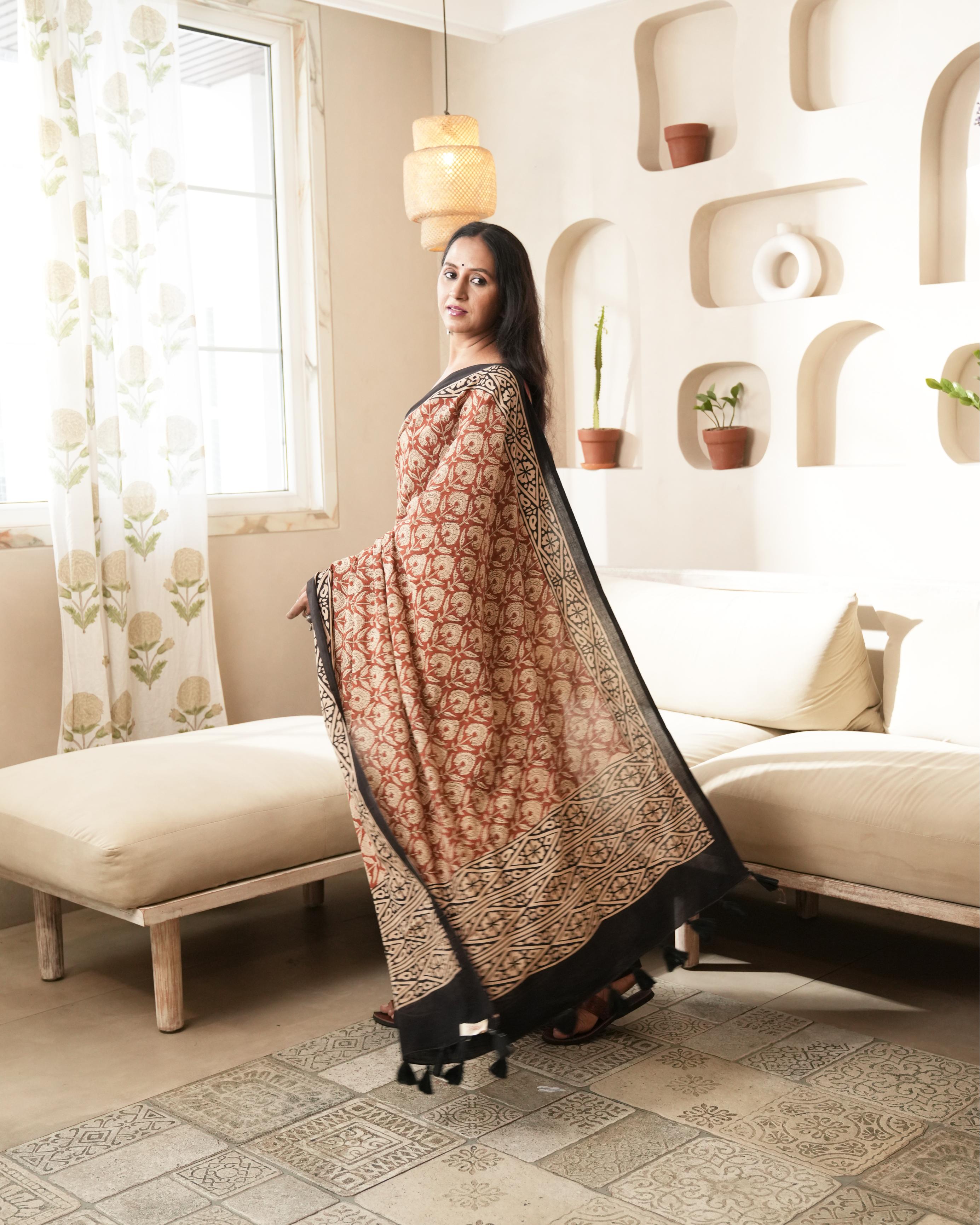 Bagru Print Mul Cotton Saree | Black Dual Print for Daily Wear & Heritage Events