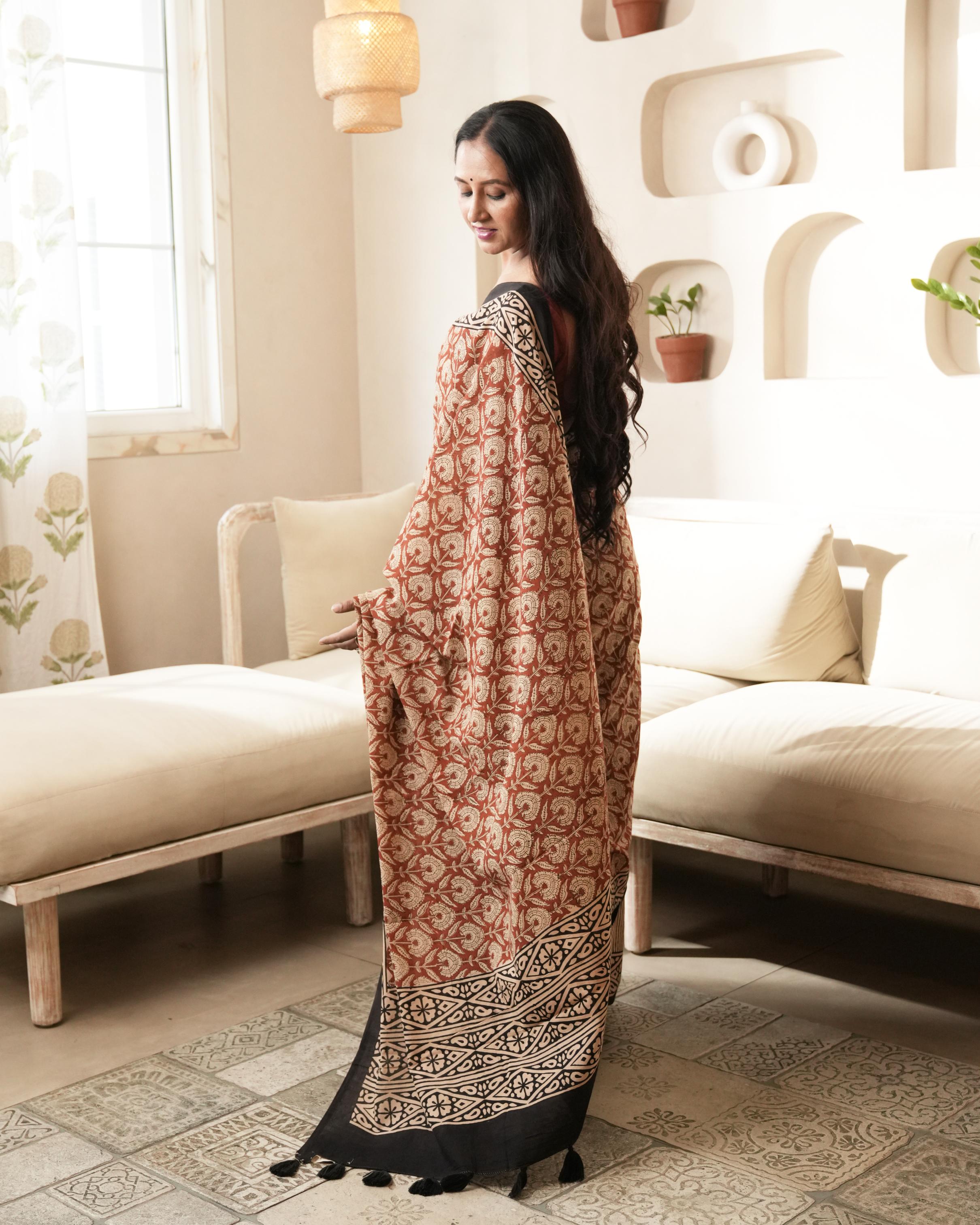 Bagru Print Mul Cotton Saree | Black Dual Print for Daily Wear & Heritage Events