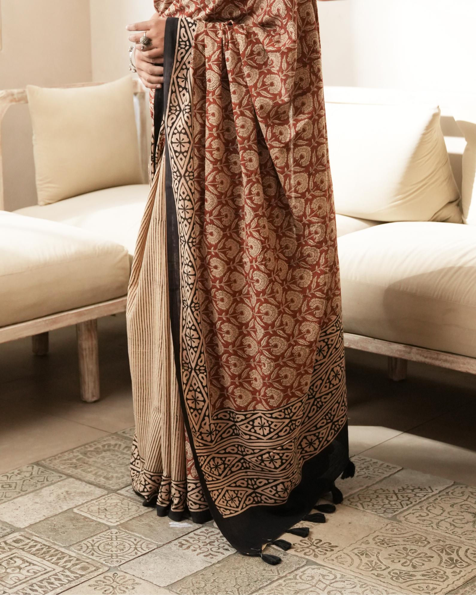 Bagru Print Mul Cotton Saree | Black Dual Print for Daily Wear & Heritage Events
